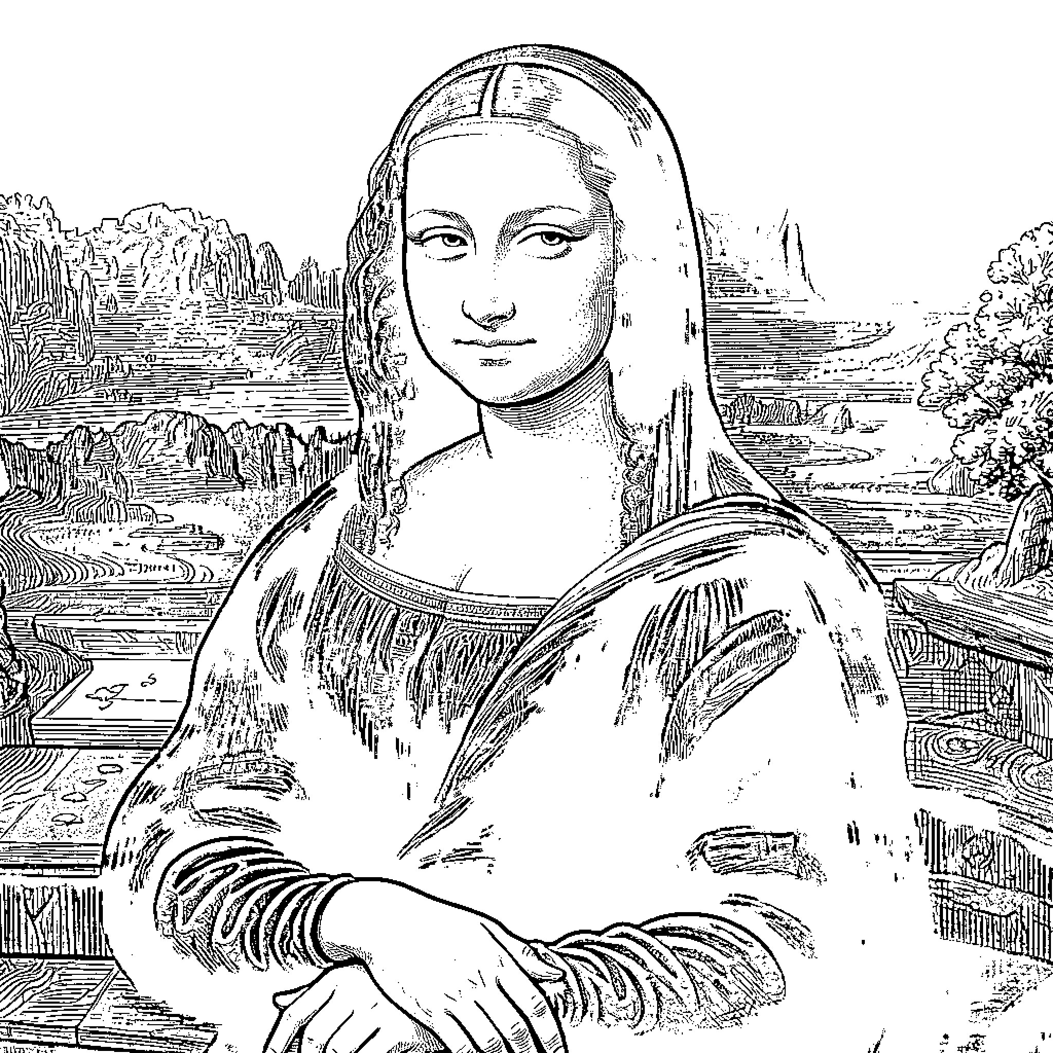 Mona Lisa seated in a scenic landscape Coloring Page (free black-and-white line drawing printable PDF for all, from beginners to advanced learners, including children, teens, adults, and seniors)