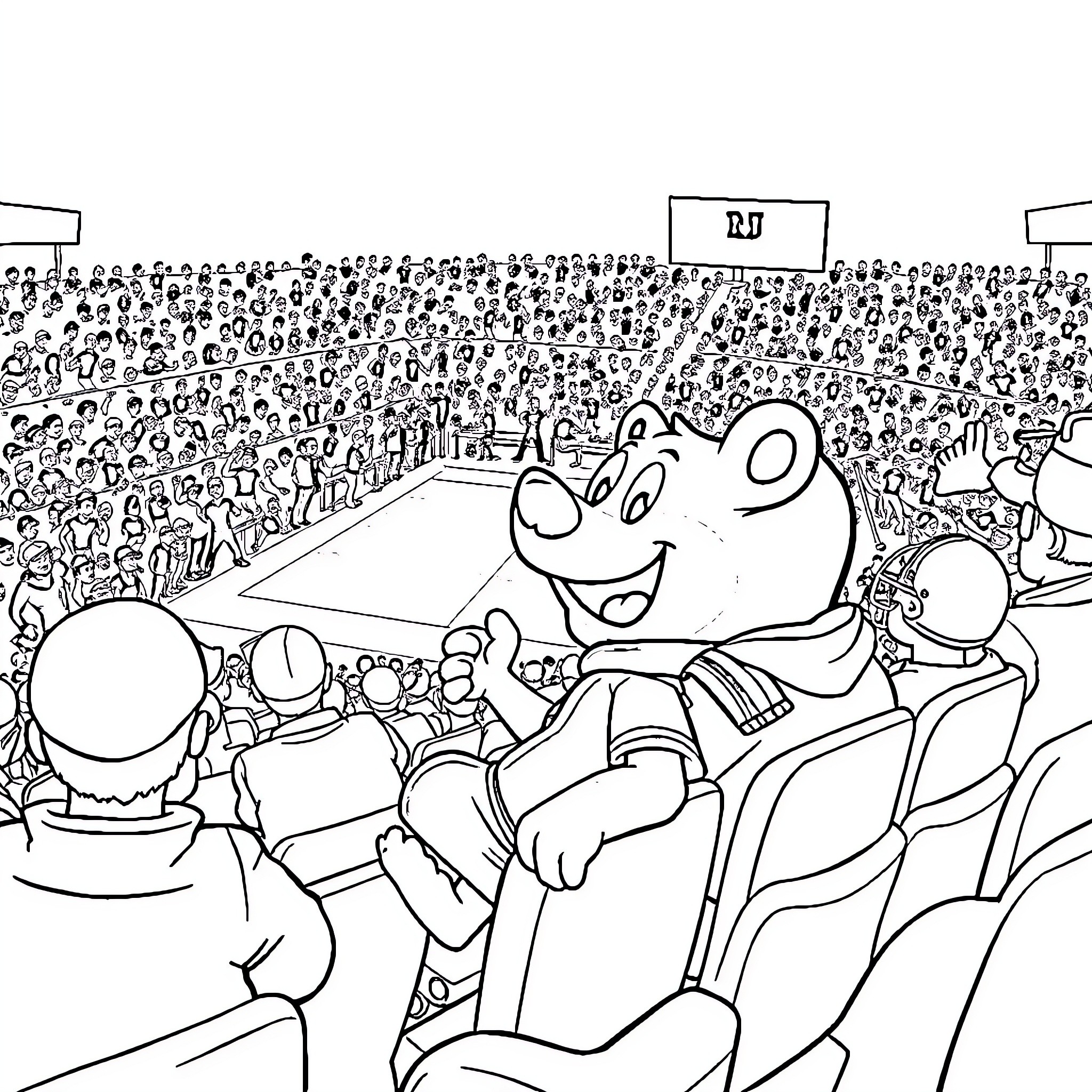 Bluey enjoys a lively sporting event with crowds Coloring Page (free black-and-white line drawing printable PDF for all, from beginners to advanced learners, including children, teens, adults, and seniors)