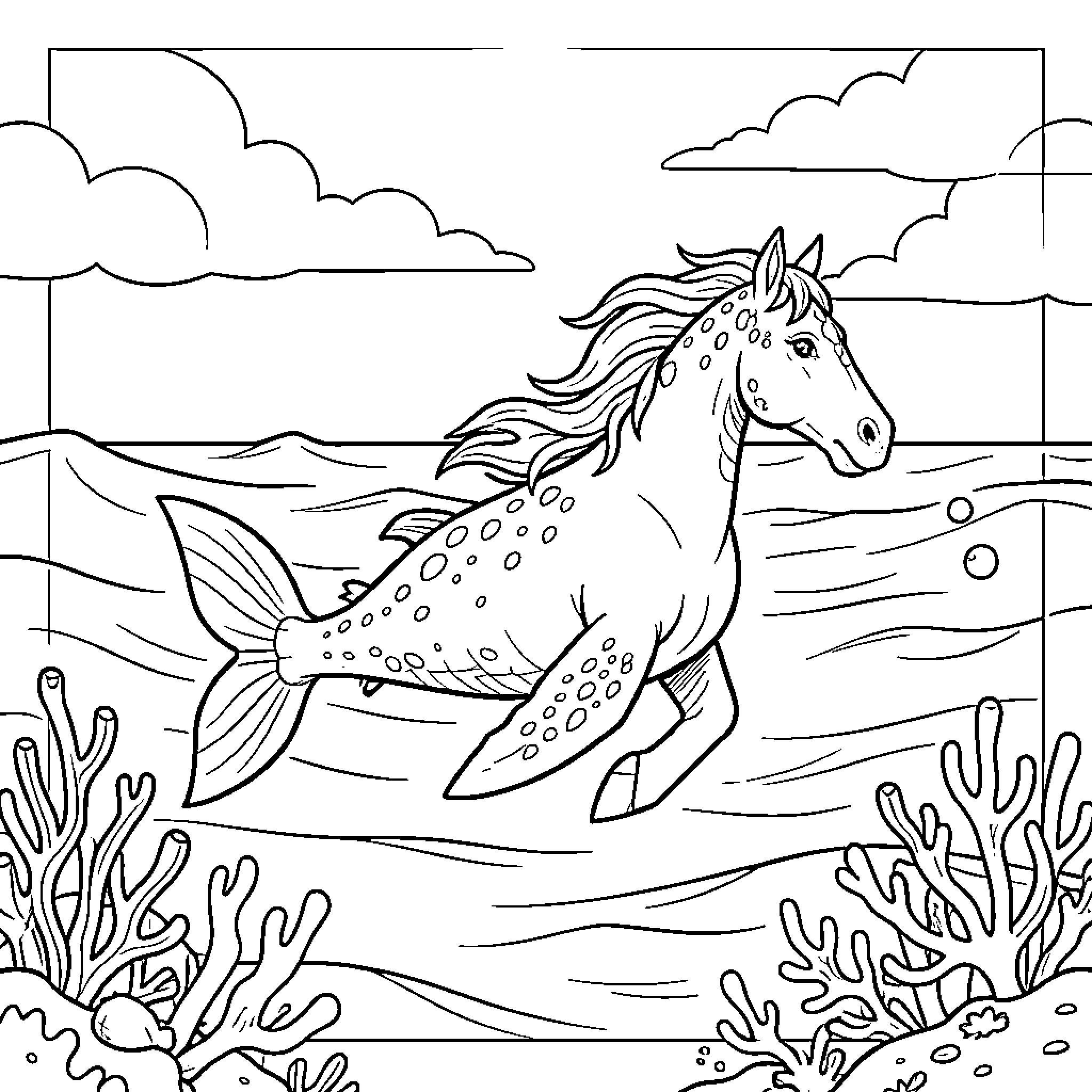 Seahorse creature swimming gracefully through the ocean waves Coloring Page (free black-and-white line drawing printable PDF for all, from beginners to advanced learners, including children, teens, adults, and seniors)
