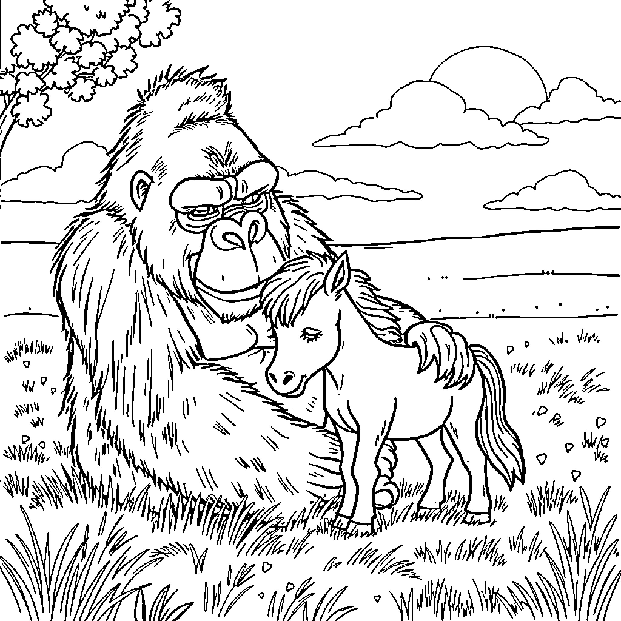 Gorilla Befriends Playful Pony in Serene Landscape Coloring Page (free black-and-white line drawing printable PDF for all, from beginners to advanced learners, including children, teens, adults, and seniors)