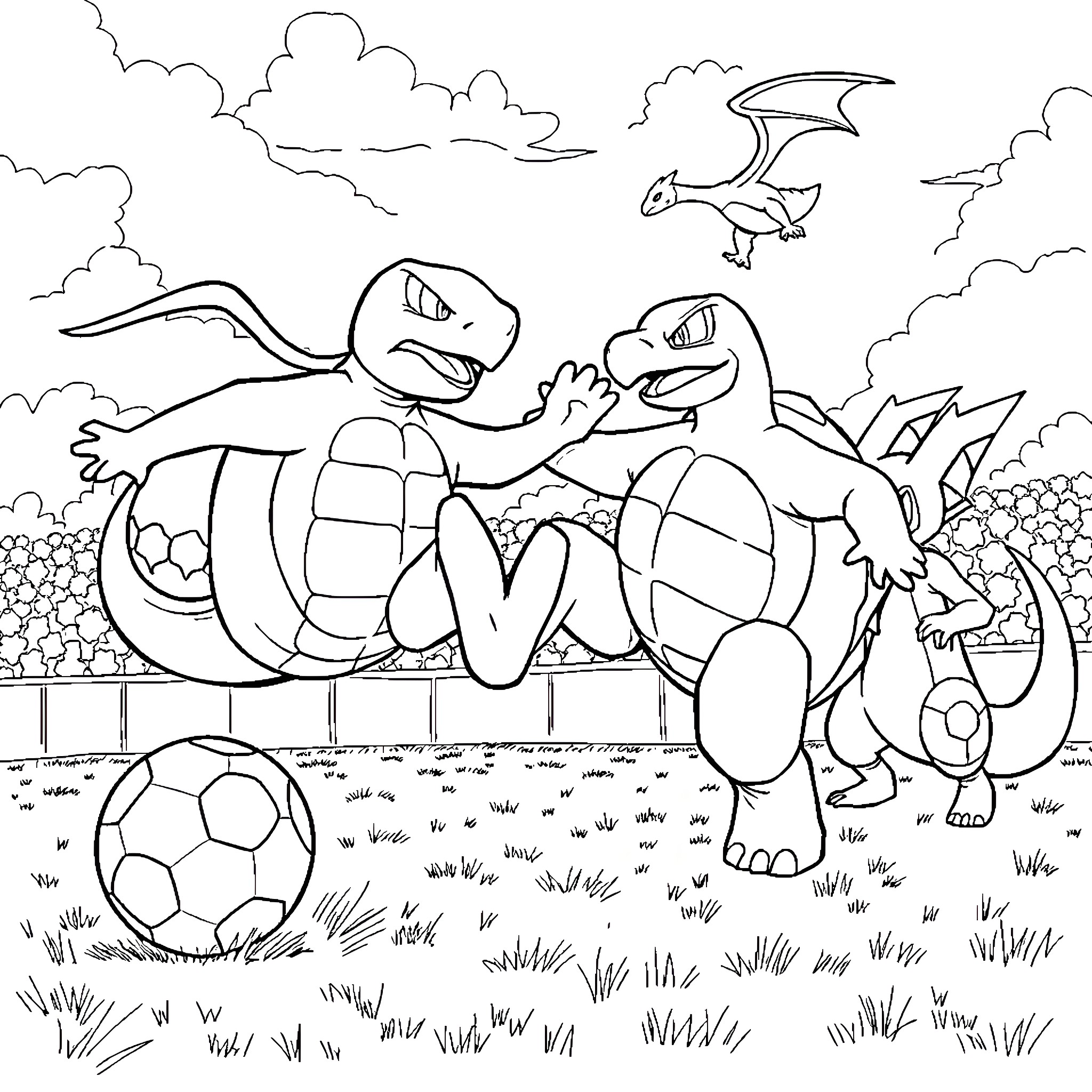 Blastoise playing with other Pokemon characters Coloring Page (free black-and-white line drawing printable PDF for all, from beginners to advanced learners, including children, teens, adults, and seniors)