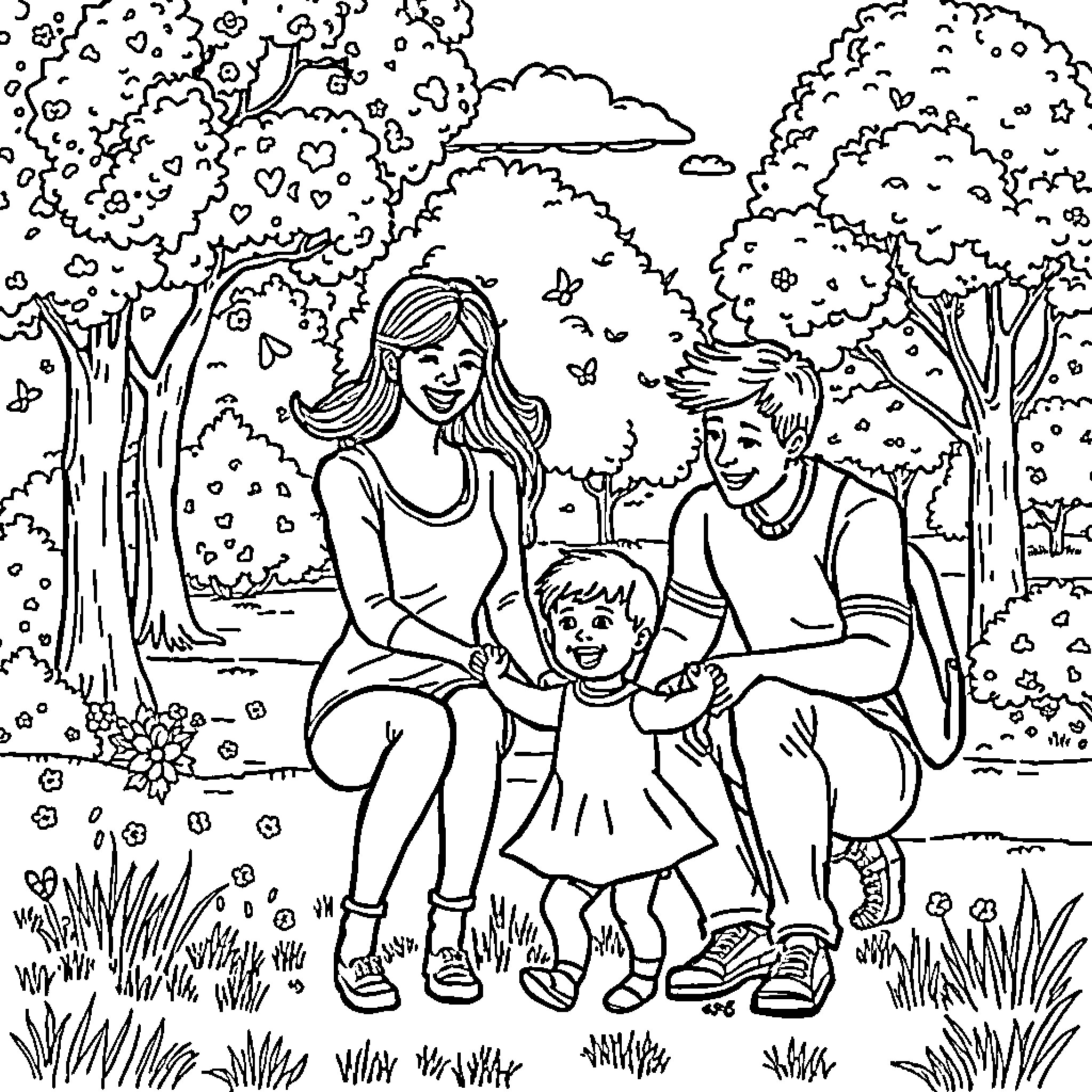 Family enjoying nature's beauty together Coloring Page (free black-and-white line drawing printable PDF for all, from beginners to advanced learners, including children, teens, adults, and seniors)