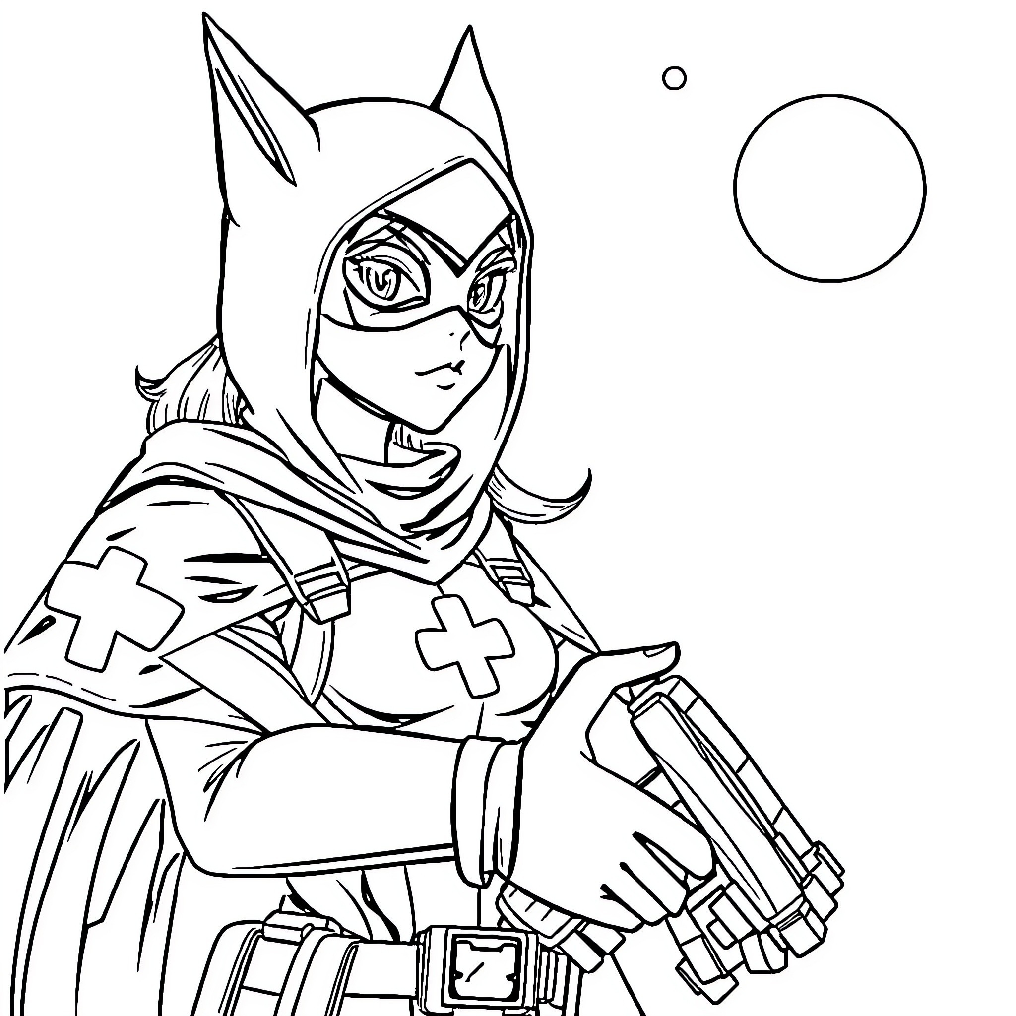 Girl in protective costume holding weapon Coloring Page (free black-and-white line drawing printable PDF for all, from beginners to advanced learners, including children, teens, adults, and seniors)