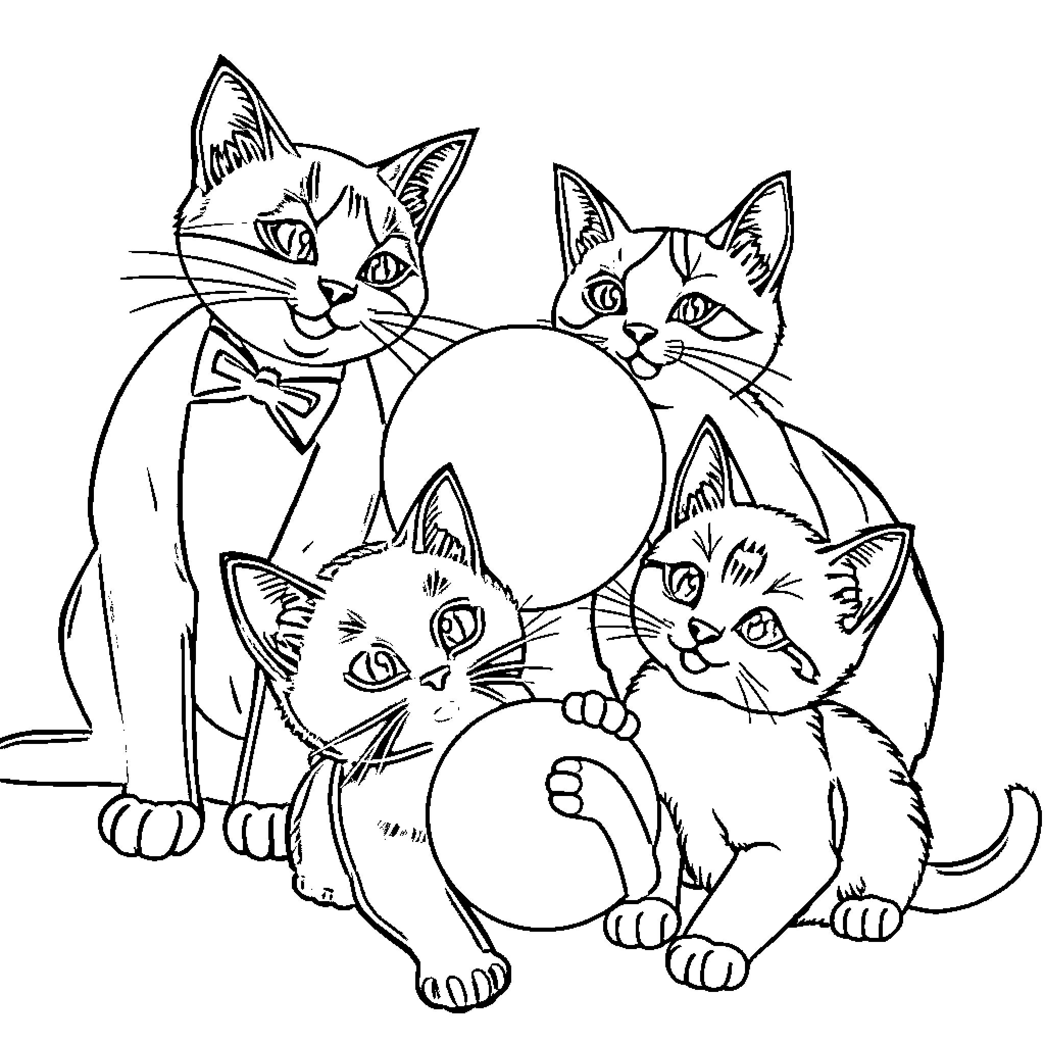 Cat Friends Playing with Balloons Coloring Page (free black-and-white line drawing printable PDF for all, from beginners to advanced learners, including children, teens, adults, and seniors)