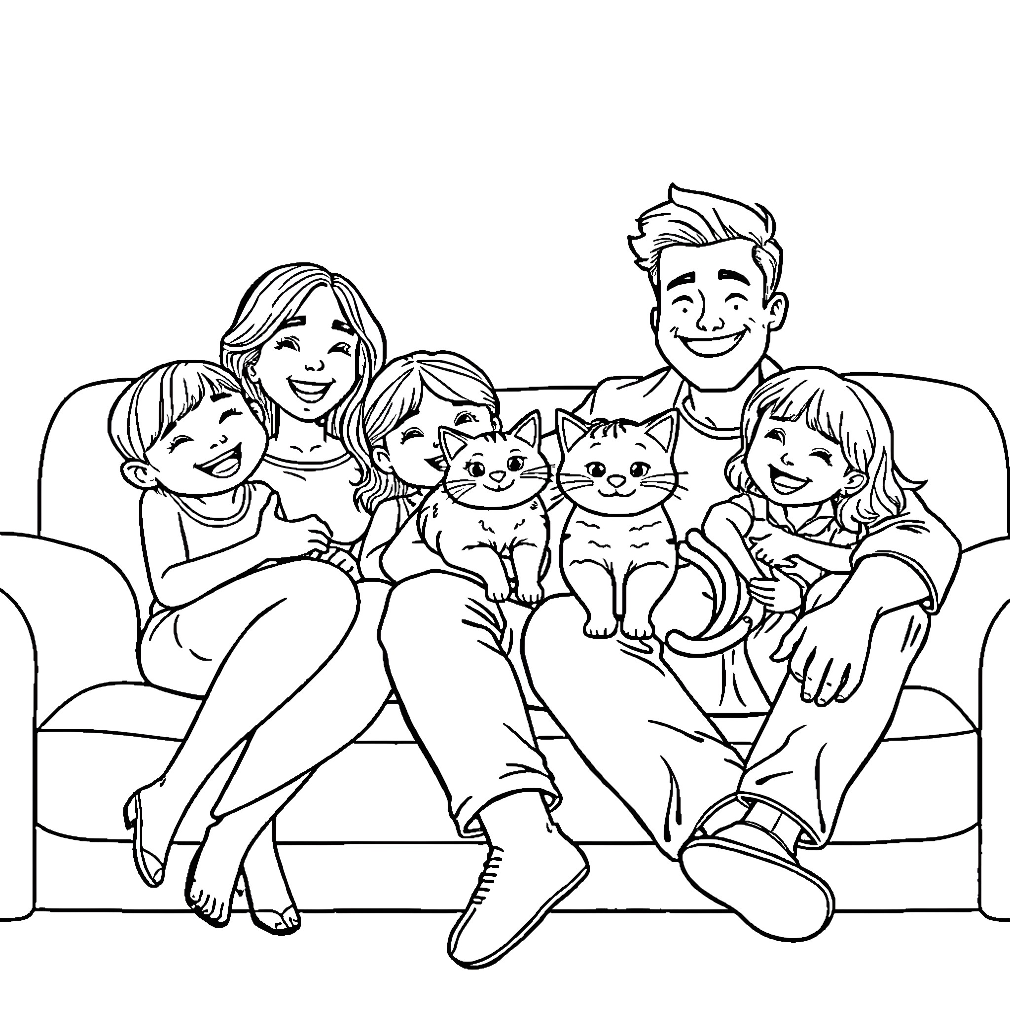 Family Enjoying Time Together with Pets Coloring Page (free black-and-white line drawing printable PDF for all, from beginners to advanced learners, including children, teens, adults, and seniors)