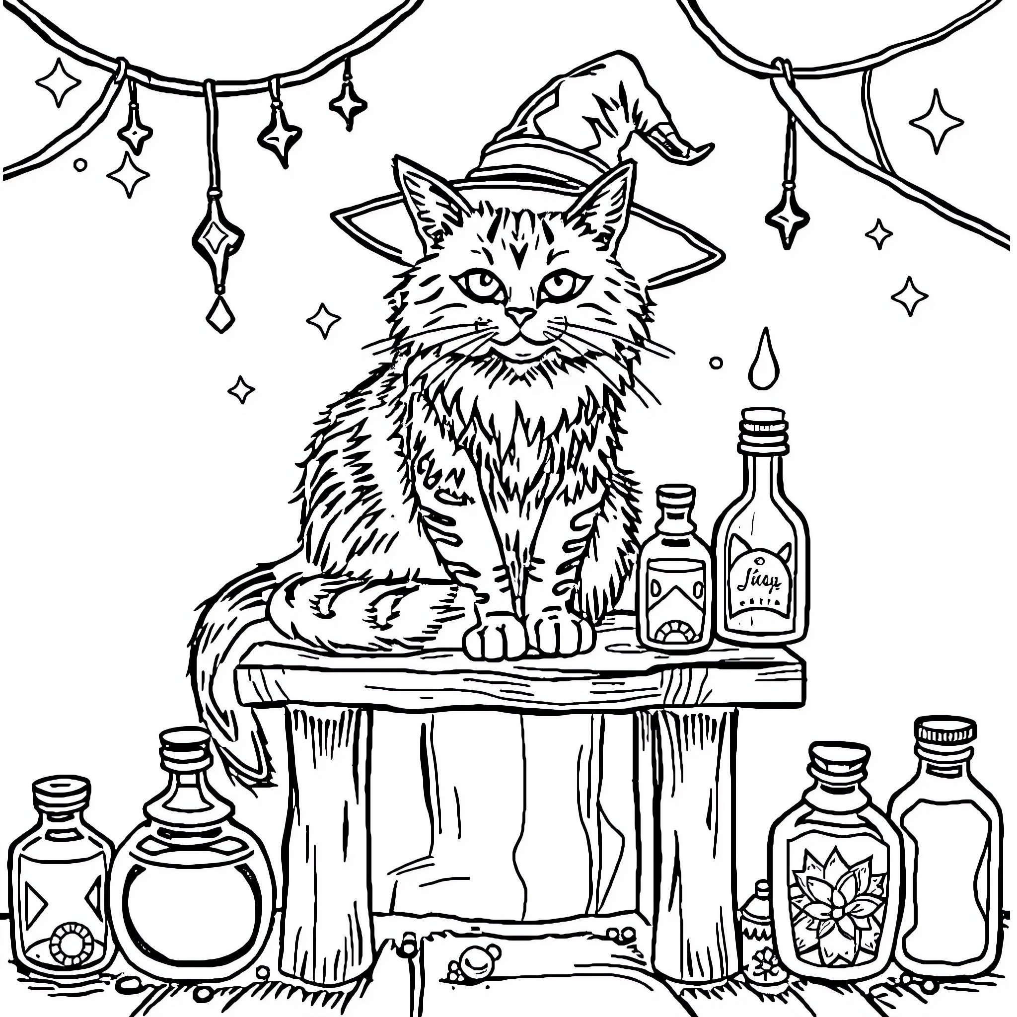 Cat Wizard in a Mystical Setting Coloring Page (free black-and-white line drawing printable PDF for all, from beginners to advanced learners, including children, teens, adults, and seniors)