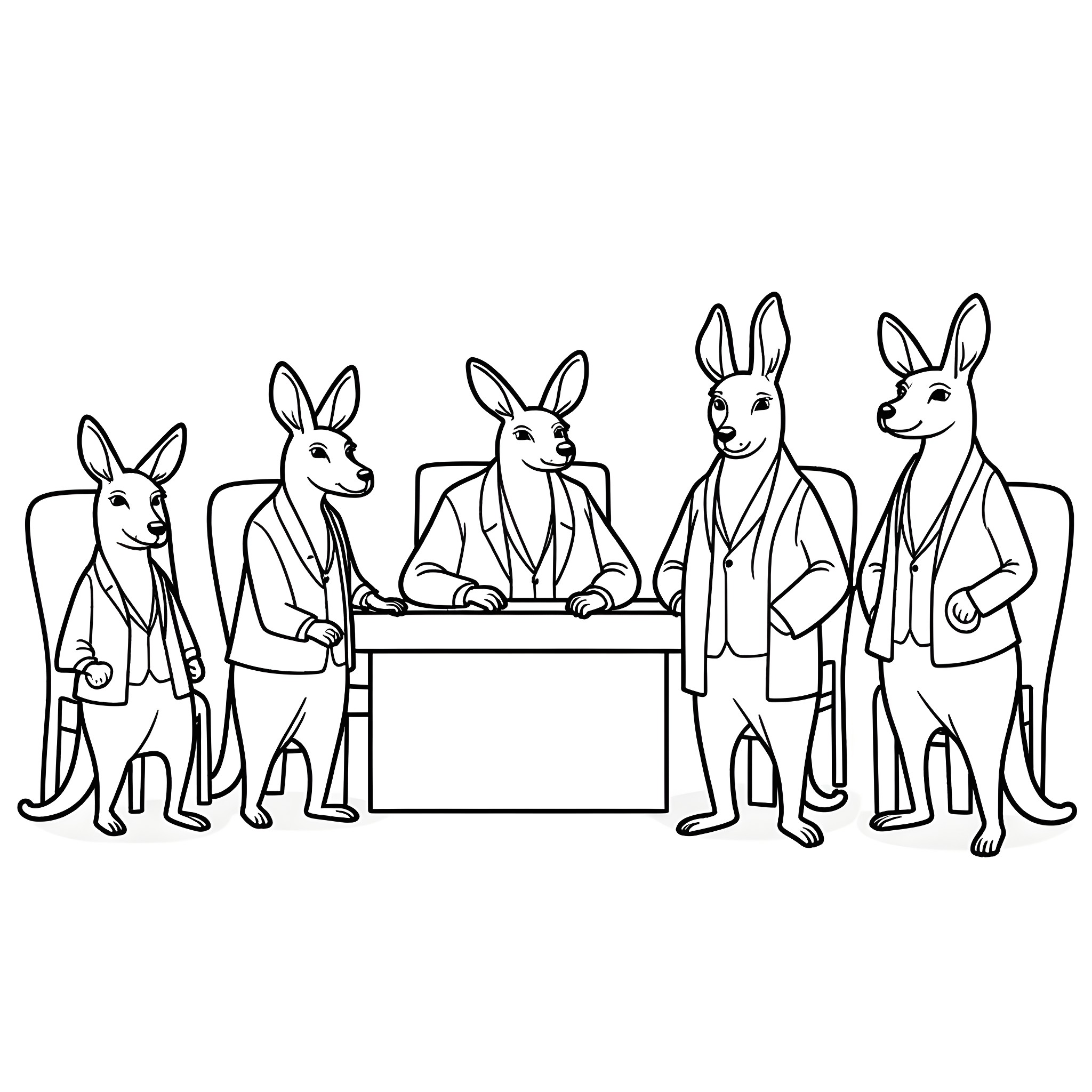 Kangaroos dressed in suits meeting at a table Coloring Page (free black-and-white line drawing printable PDF for all, from beginners to advanced learners, including children, teens, adults, and seniors)
