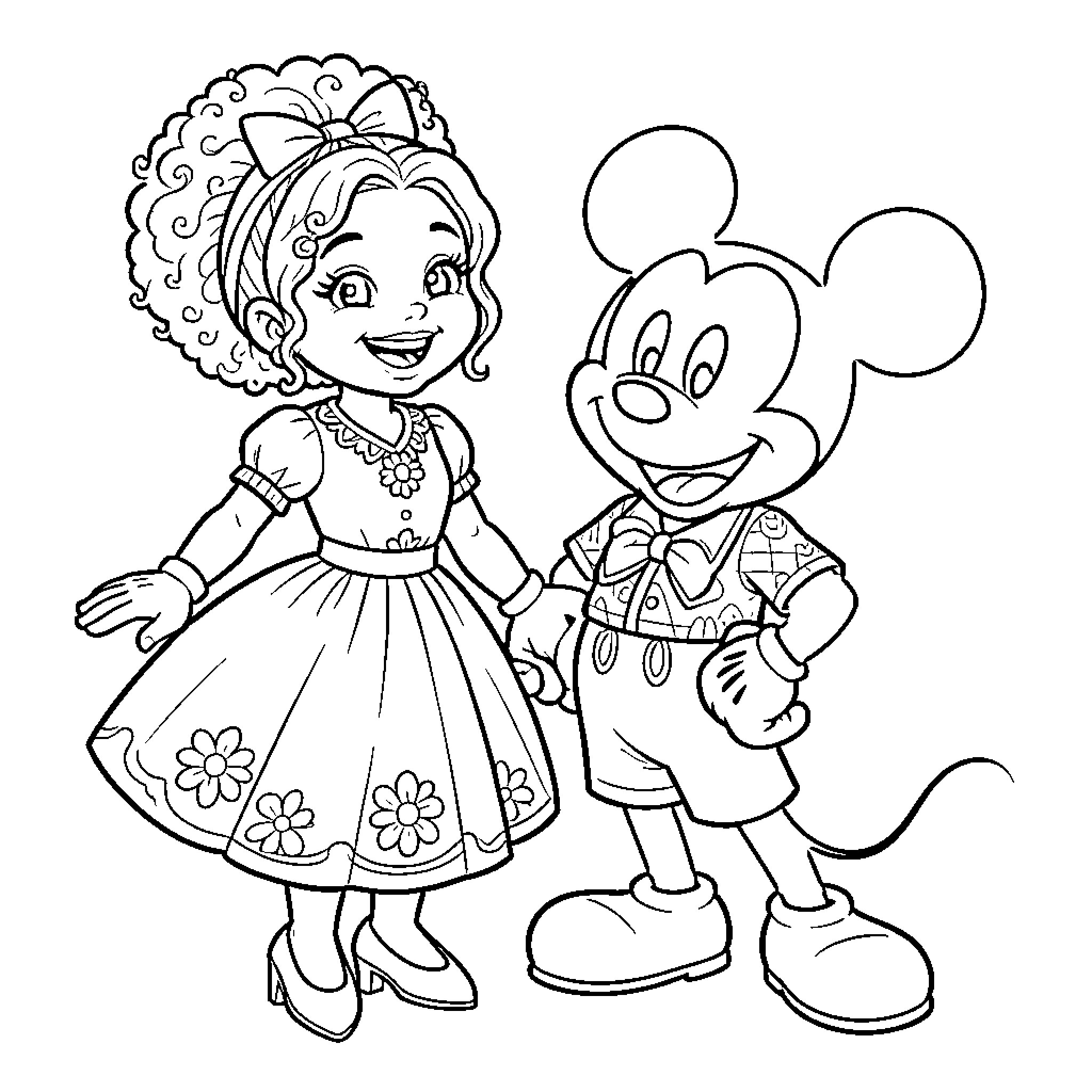 Princesse and Mickey Mouse in Formal Attire Coloring Page (free black-and-white line drawing printable PDF for all, from beginners to advanced learners, including children, teens, adults, and seniors)