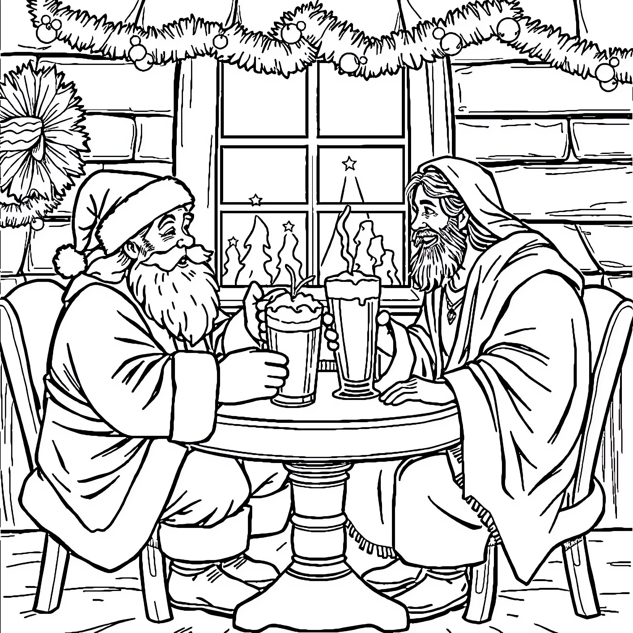 Santa enjoying a drink with a friend in a cozy winter scene Coloring Page (free black-and-white line drawing printable PDF for all, from beginners to advanced learners, including children, teens, adults, and seniors)