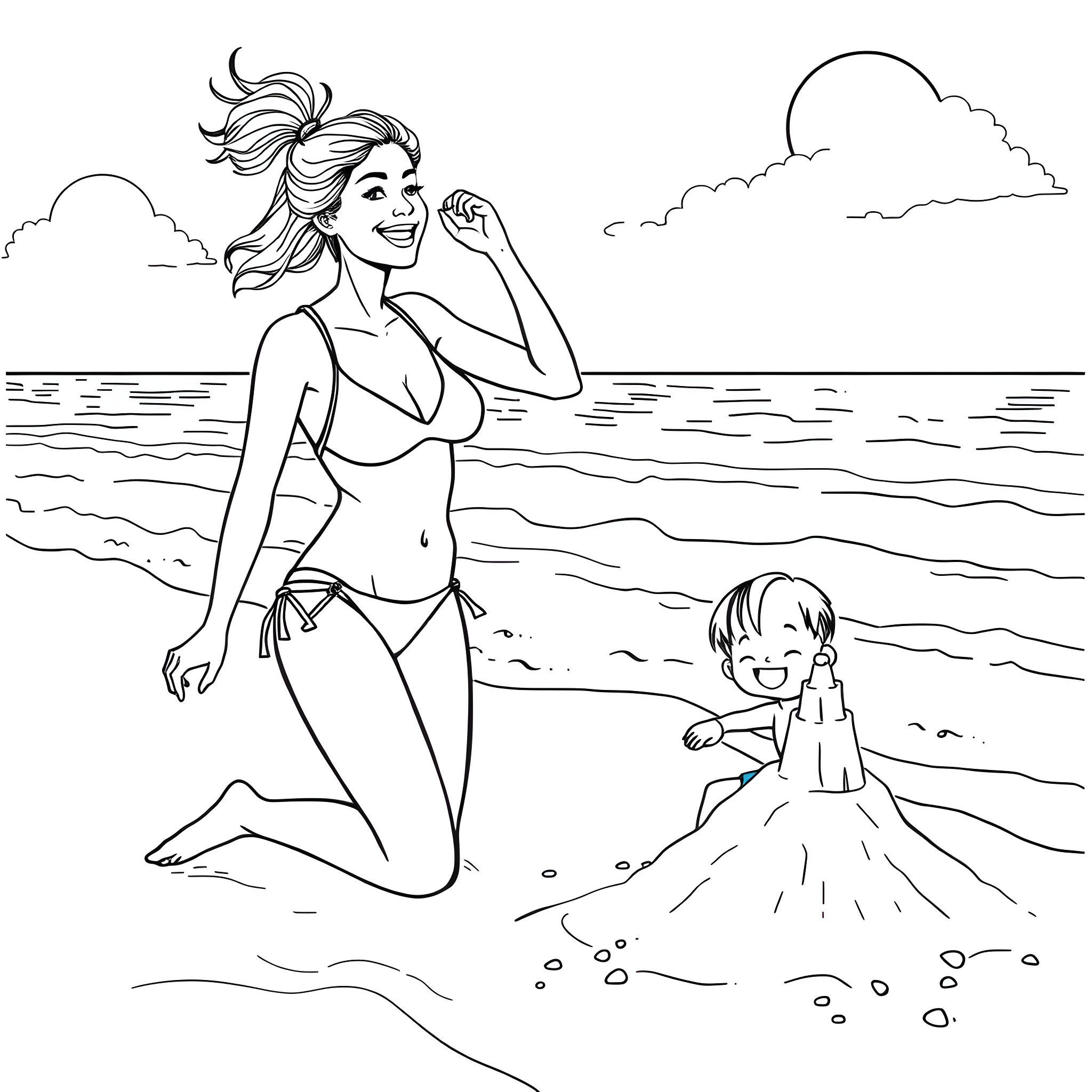 Mom and child playing happily on the beach Coloring Page (free black-and-white line drawing printable PDF for all, from beginners to advanced learners, including children, teens, adults, and seniors)
