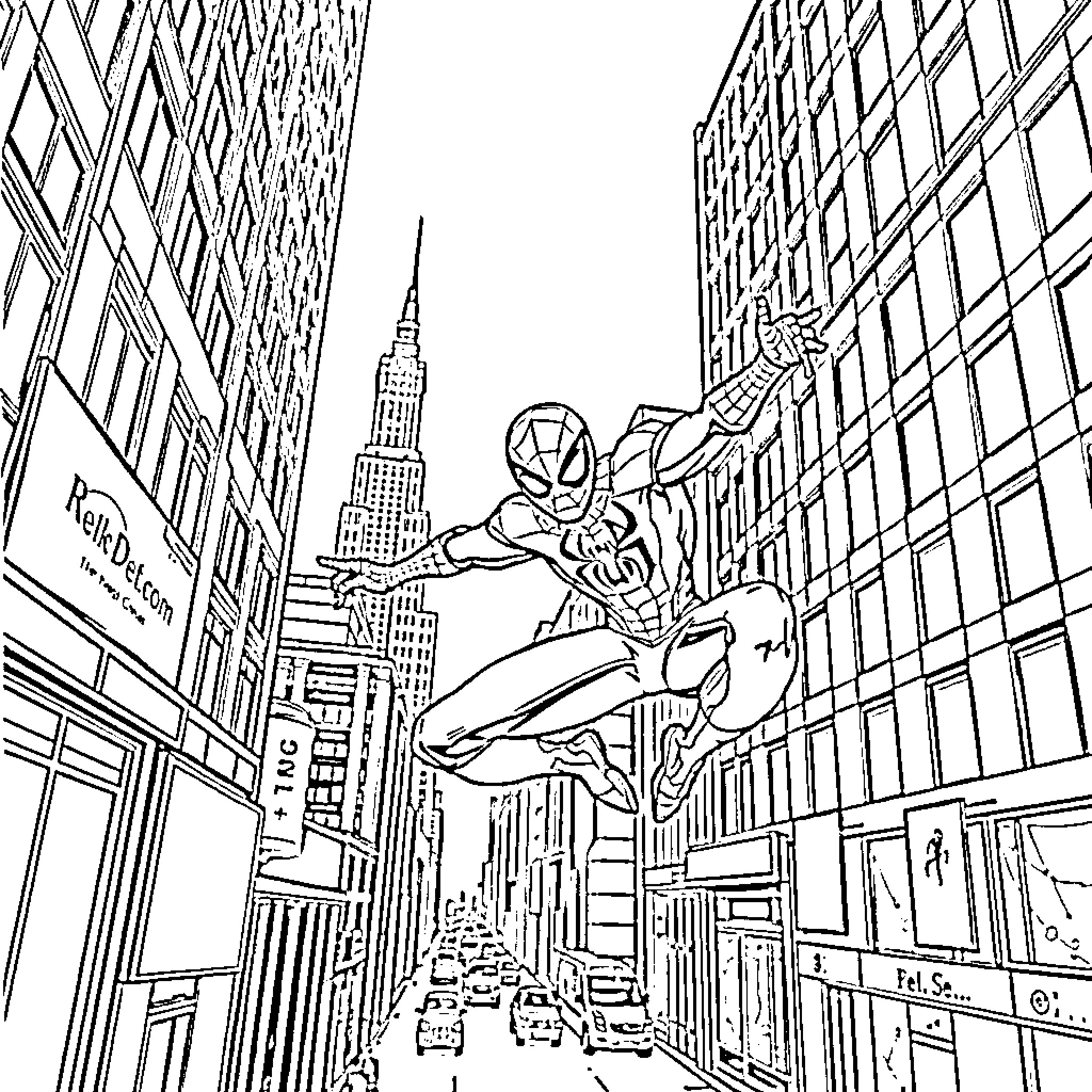 Spider-Man swinging through the city Coloring Page (free black-and-white line drawing printable PDF for all, from beginners to advanced learners, including children, teens, adults, and seniors)