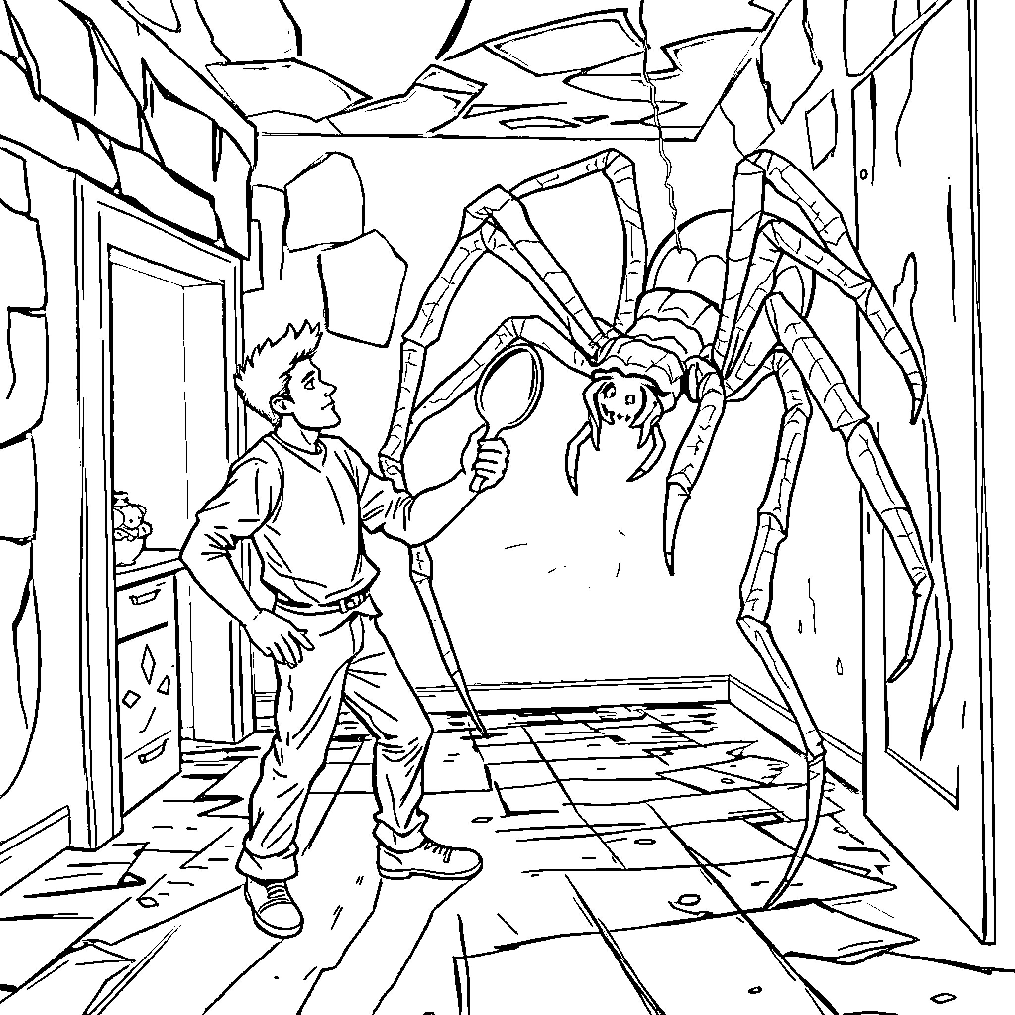 Man confronting a large spider in an eerie underground space Coloring Page (free black-and-white line drawing printable PDF for all, from beginners to advanced learners, including children, teens, adults, and seniors)