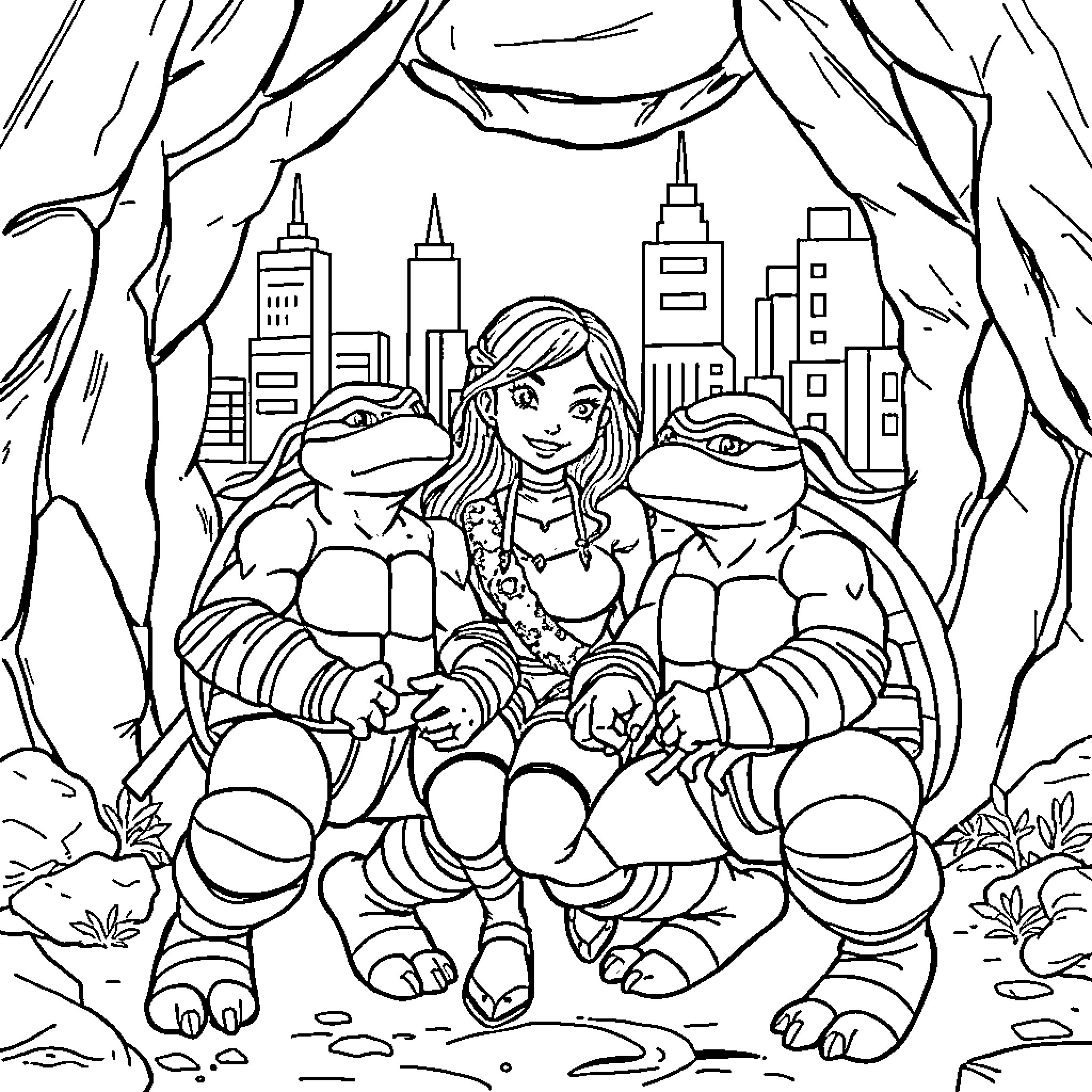 April O'Neal with Ninja Turtles exploring the city Coloring Page (free black-and-white line drawing printable PDF for all, from beginners to advanced learners, including children, teens, adults, and seniors)
