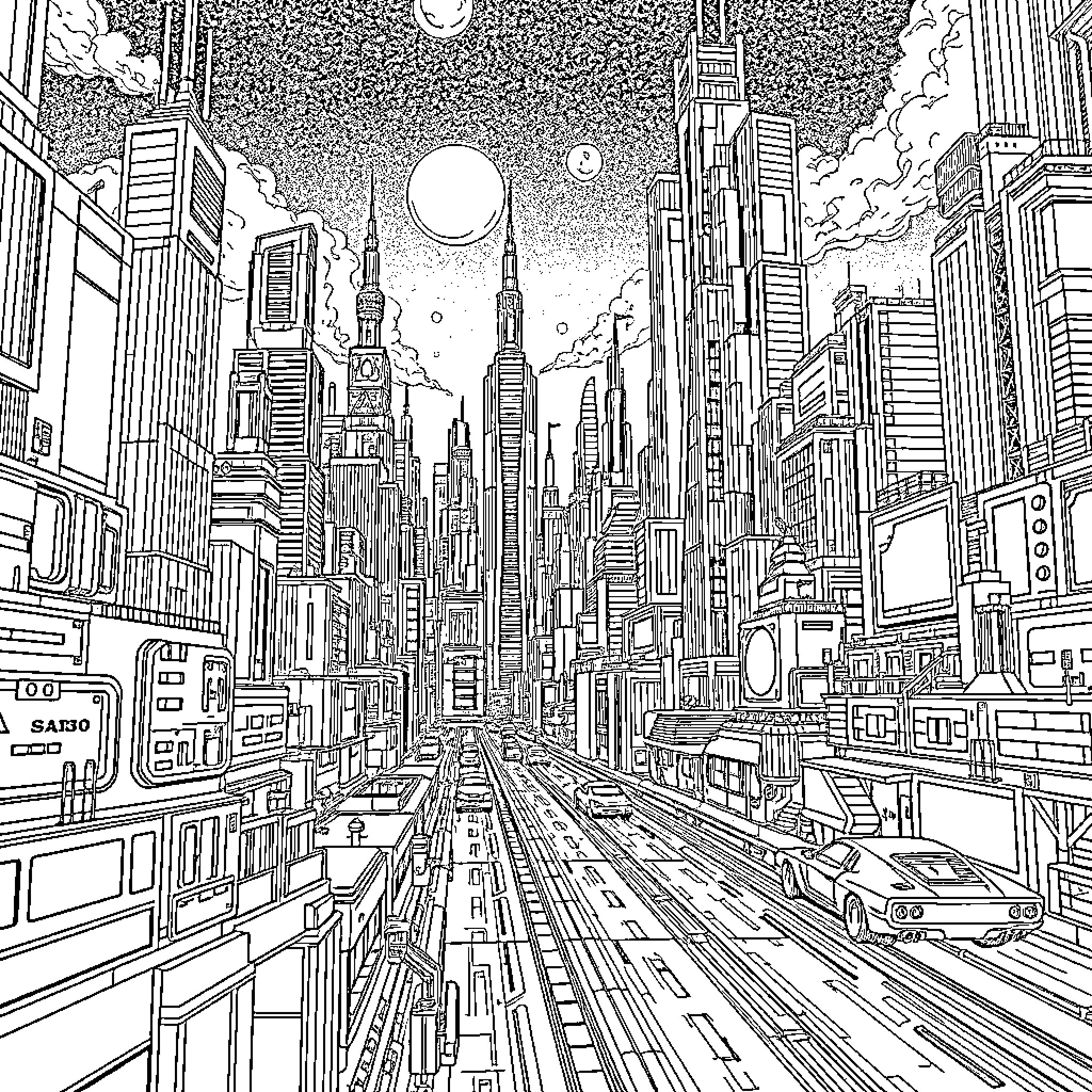 City of modern skyscrapers and bustling streets Coloring Page (free black-and-white line drawing printable PDF for all, from beginners to advanced learners, including children, teens, adults, and seniors)