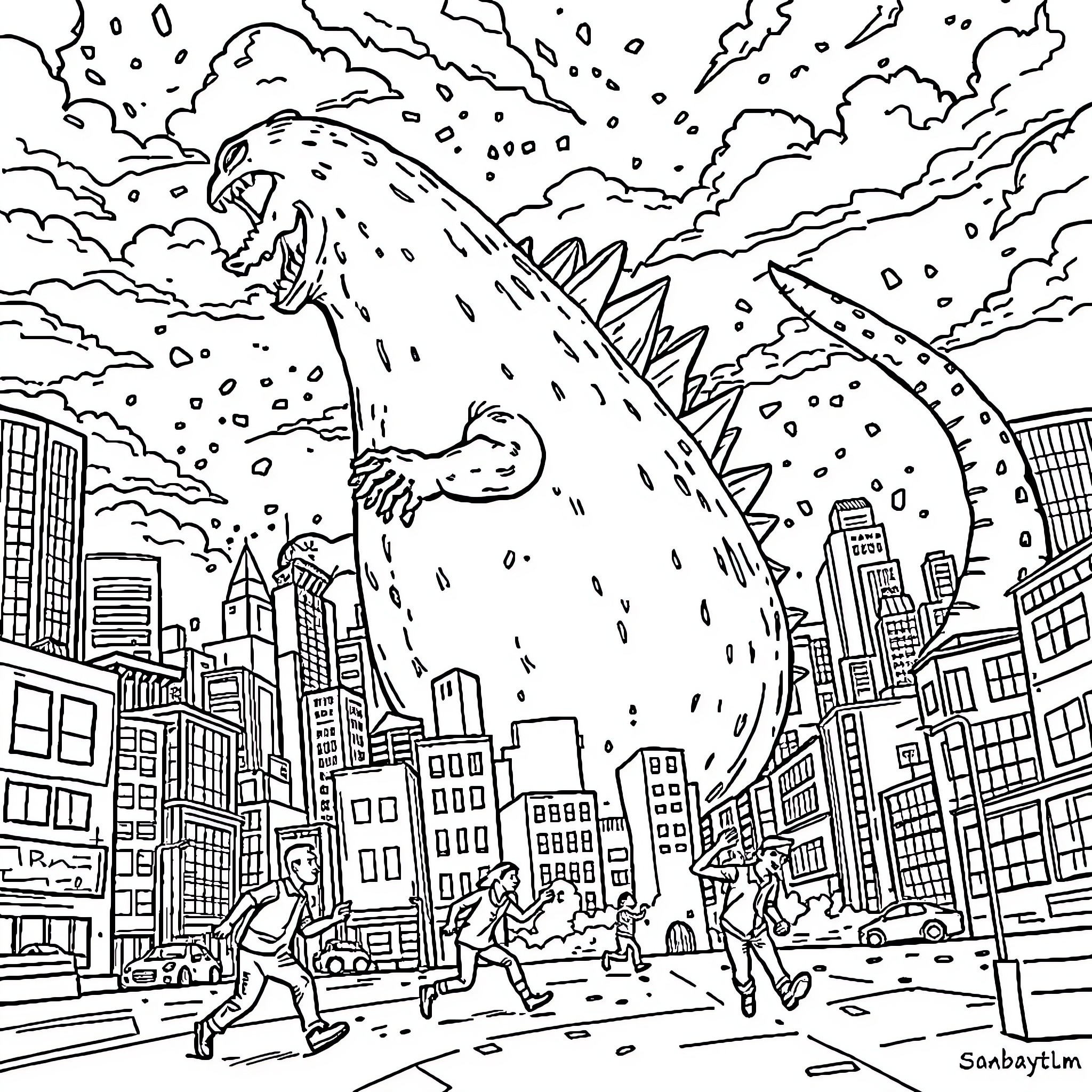 Avocado-inspired monster rampages through the city Coloring Page (free black-and-white line drawing printable PDF for all, from beginners to advanced learners, including children, teens, adults, and seniors)