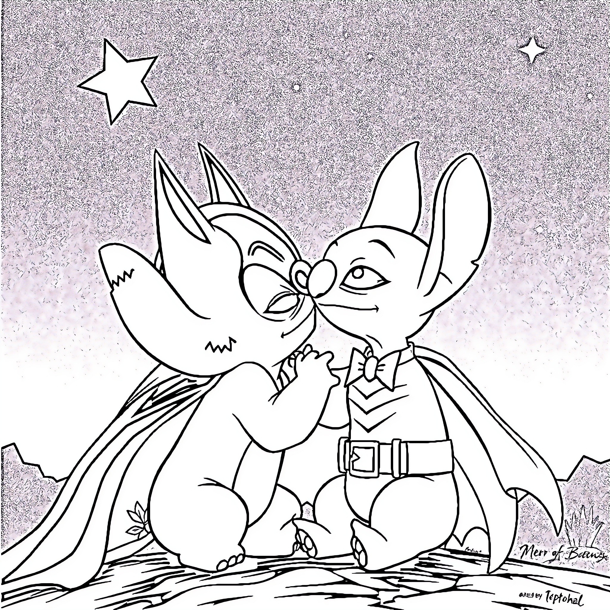 Batman and Stitch share a heartfelt moment Coloring Page (free black-and-white line drawing printable PDF for all, from beginners to advanced learners, including children, teens, adults, and seniors)