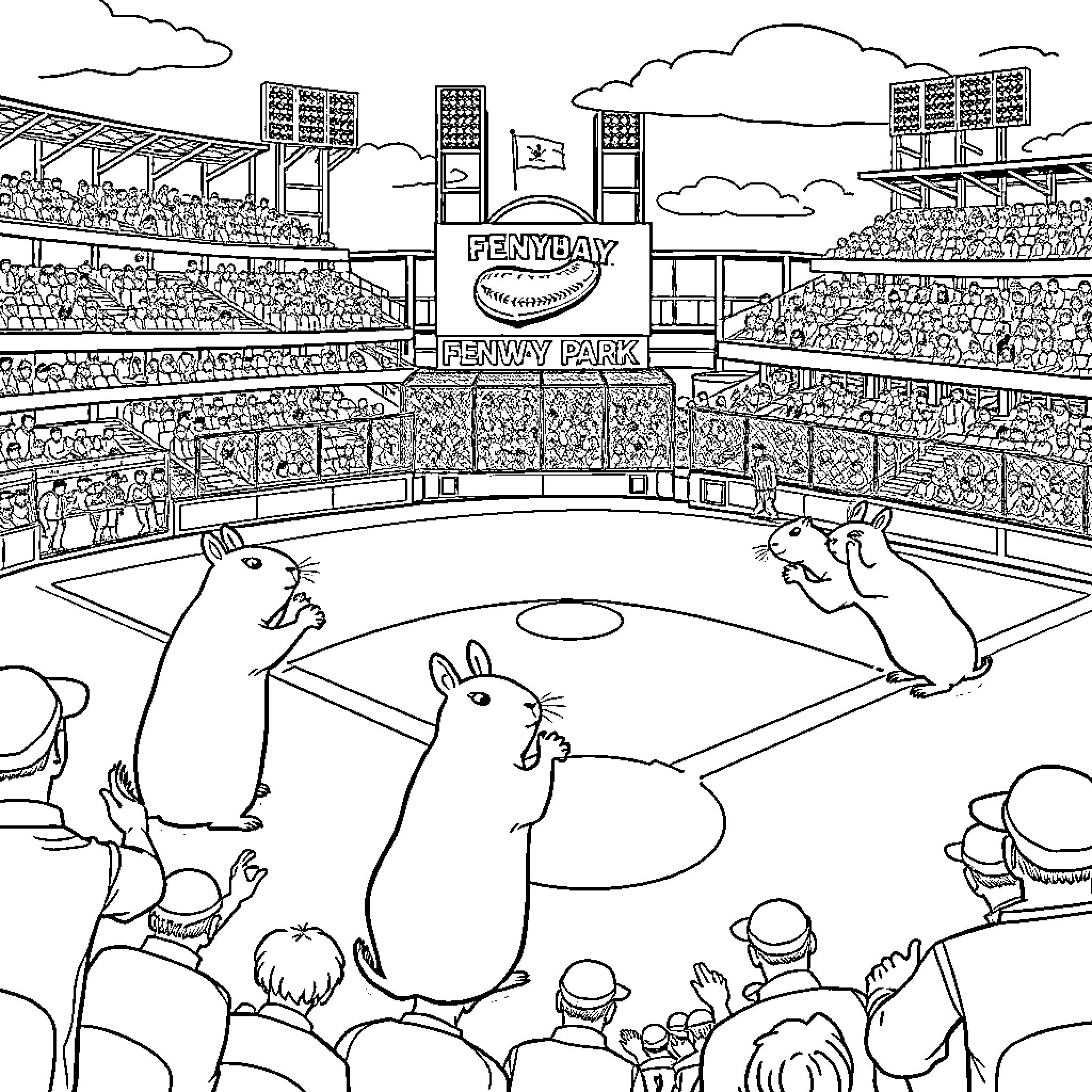 Capybara enjoying a baseball game at Fenway Park Coloring Page (free black-and-white line drawing printable PDF for all, from beginners to advanced learners, including children, teens, adults, and seniors)