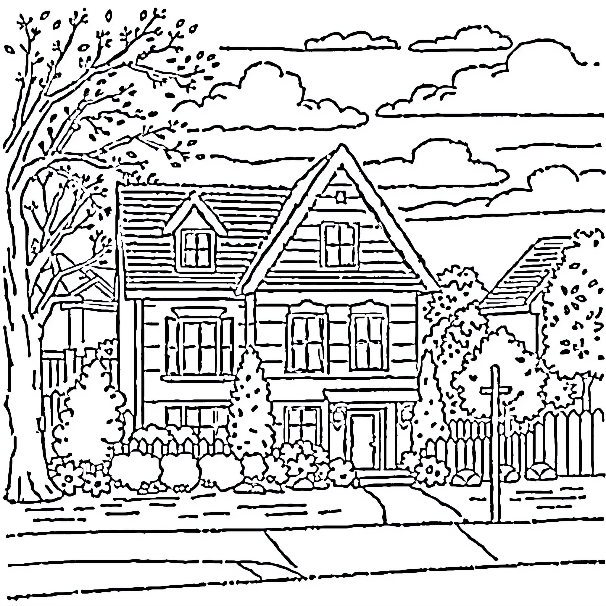 House with lush landscaping and cloudy sky Coloring Page (free black-and-white line drawing printable PDF for all, from beginners to advanced learners, including children, teens, adults, and seniors)