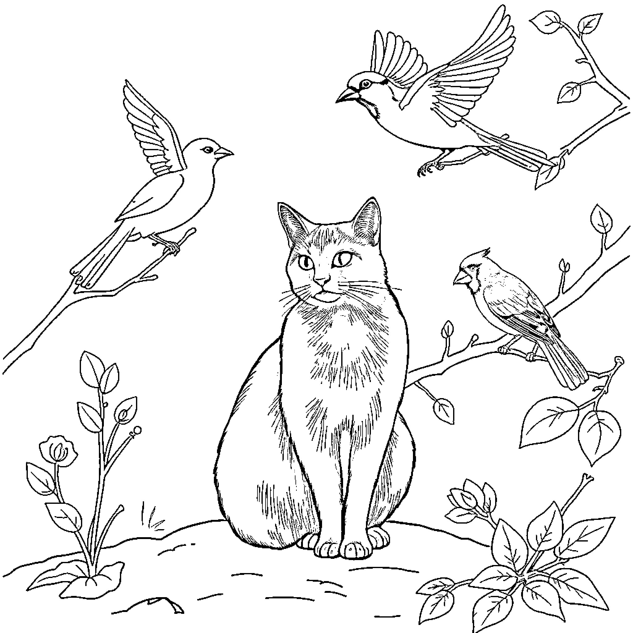 Birds and cat in lush nature scene Coloring Page (free black-and-white line drawing printable PDF for all, from beginners to advanced learners, including children, teens, adults, and seniors)