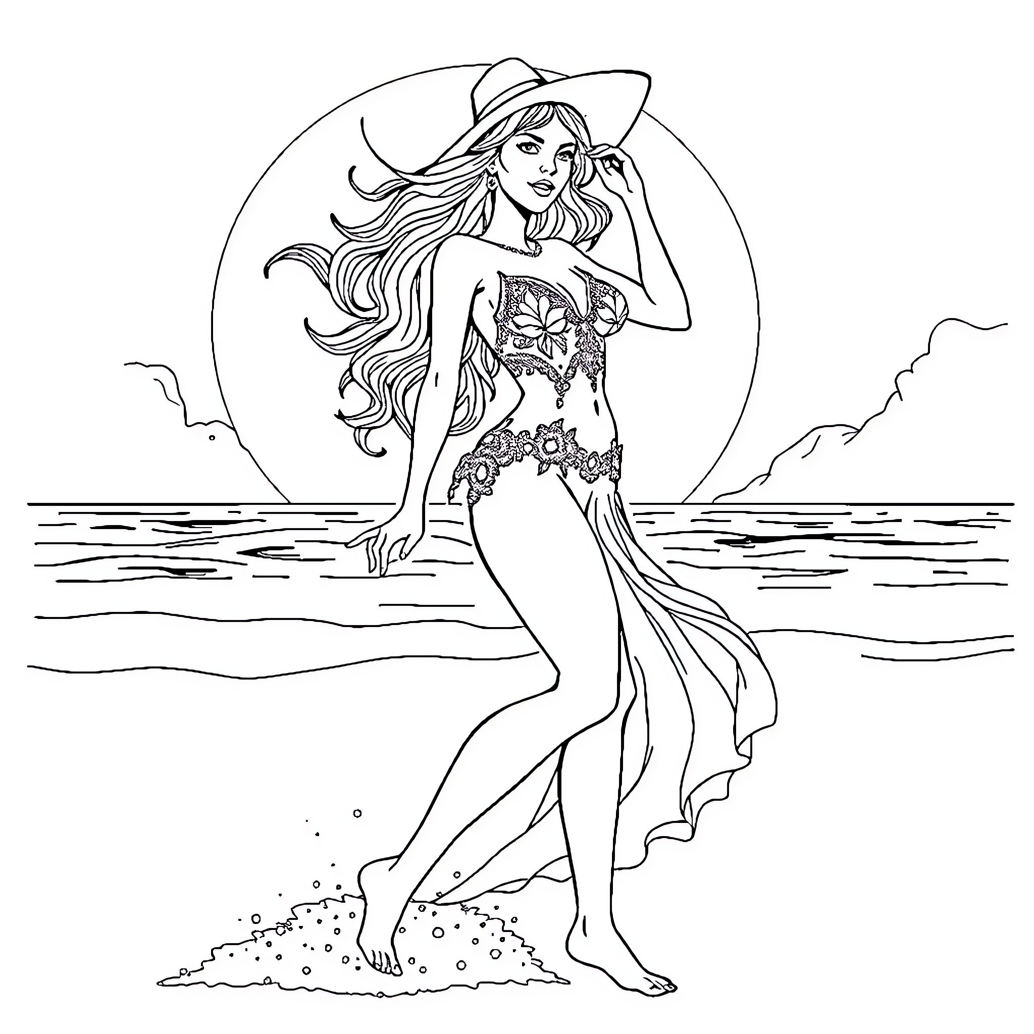 Wonder Woman Poses Confidently on the Beach Coloring Page (free black-and-white line drawing printable PDF for all, from beginners to advanced learners, including children, teens, adults, and seniors)