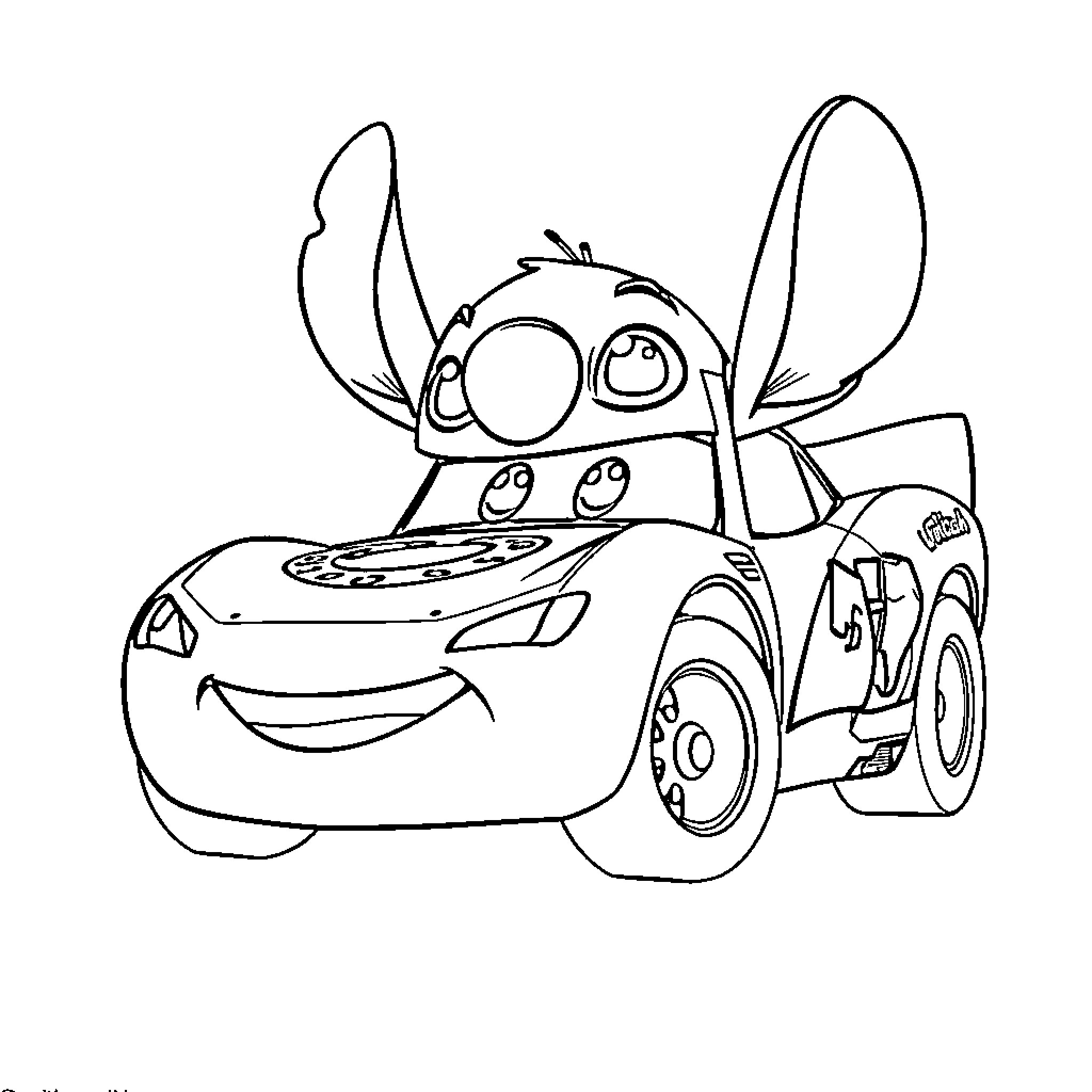 Lightning McQueen as a Stitch-themed race car Coloring Page (free black-and-white line drawing printable PDF for all, from beginners to advanced learners, including children, teens, adults, and seniors)