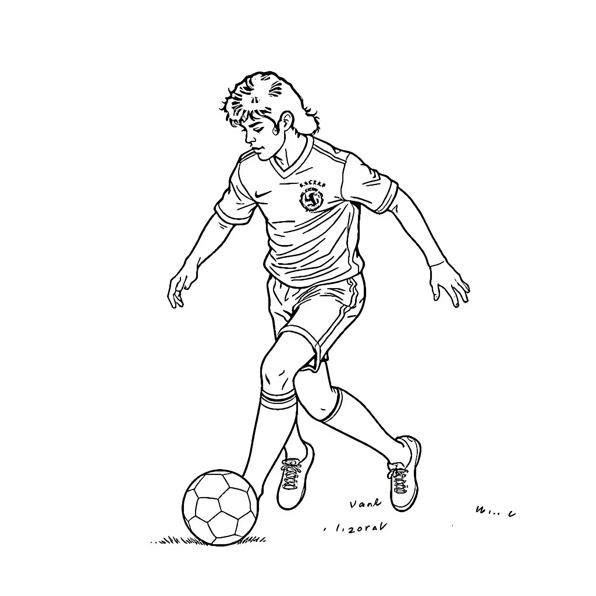 MJ soccer player dribbling ball on field Coloring Page (free black-and-white line drawing printable PDF for all, from beginners to advanced learners, including children, teens, adults, and seniors)