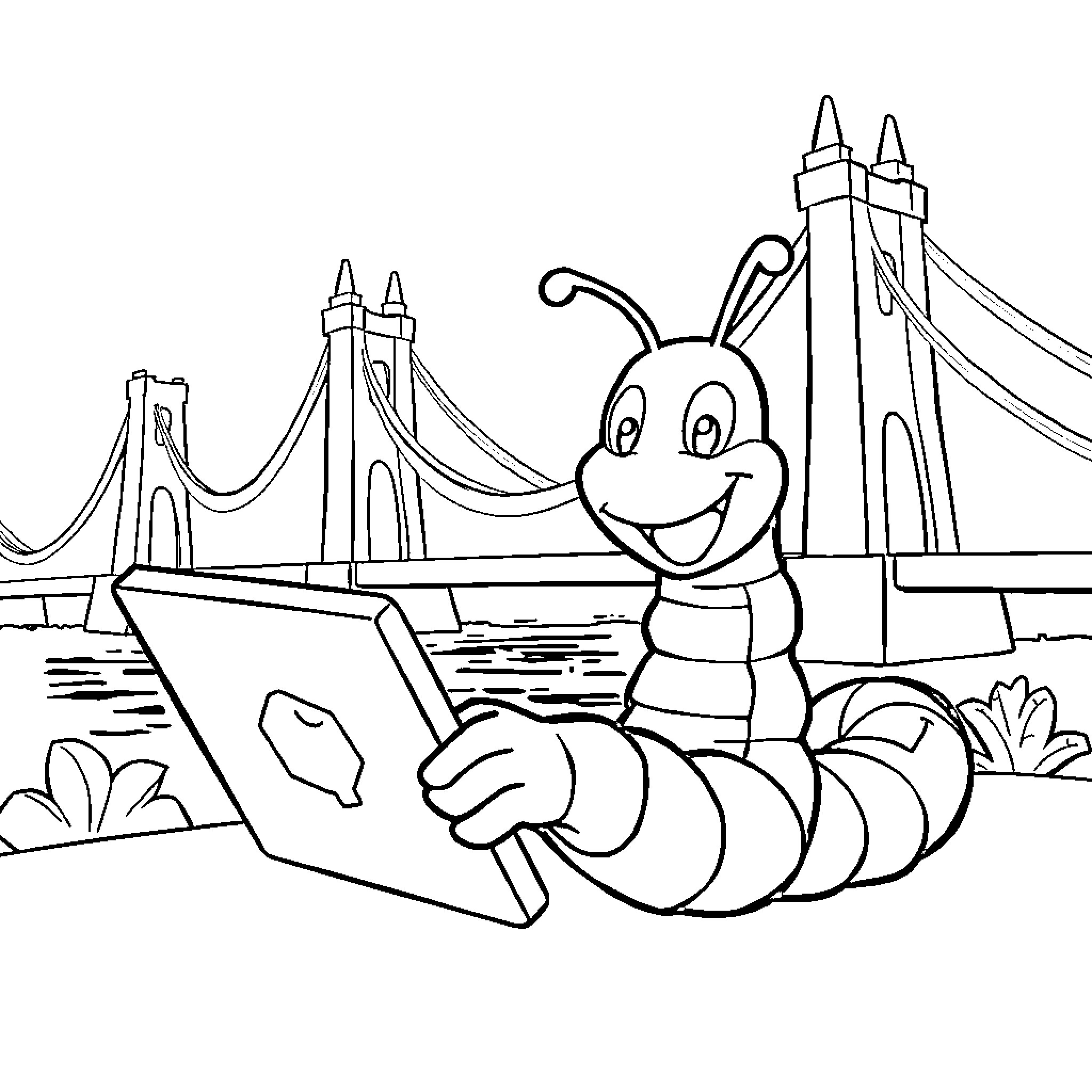 Bridgeworm exploring the city with a laptop Coloring Page (free black-and-white line drawing printable PDF for all, from beginners to advanced learners, including children, teens, adults, and seniors)