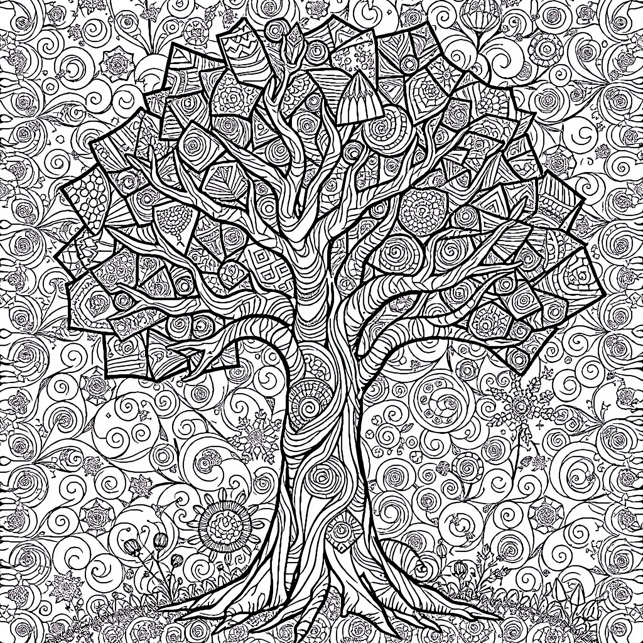 Tree of Intricate Patterns and Designs Coloring Page (free black-and-white line drawing printable PDF for all, from beginners to advanced learners, including children, teens, adults, and seniors)