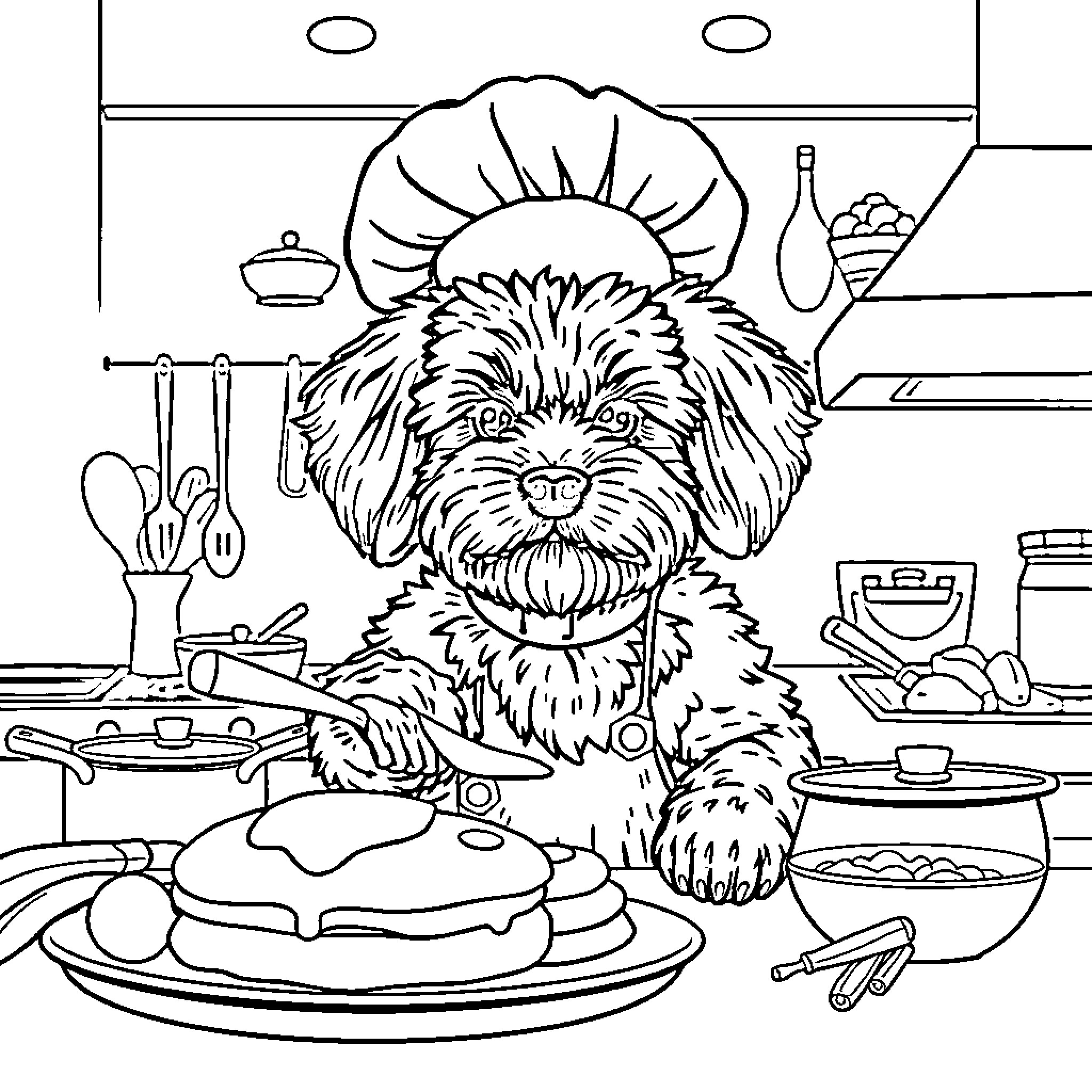 Cavapoo chef in the kitchen with cooking utensils Coloring Page (free black-and-white line drawing printable PDF for all, from beginners to advanced learners, including children, teens, adults, and seniors)