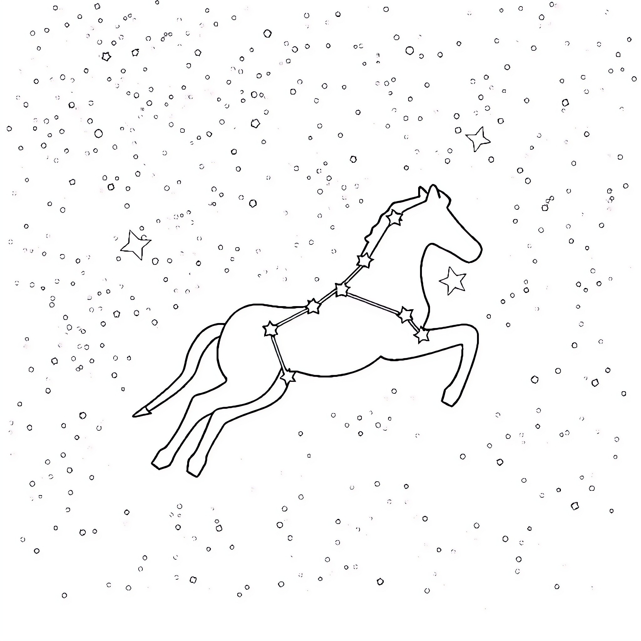 Orion's Celestial Steed Galloping Through the Stars Coloring Page (free black-and-white line drawing printable PDF for all, from beginners to advanced learners, including children, teens, adults, and seniors)