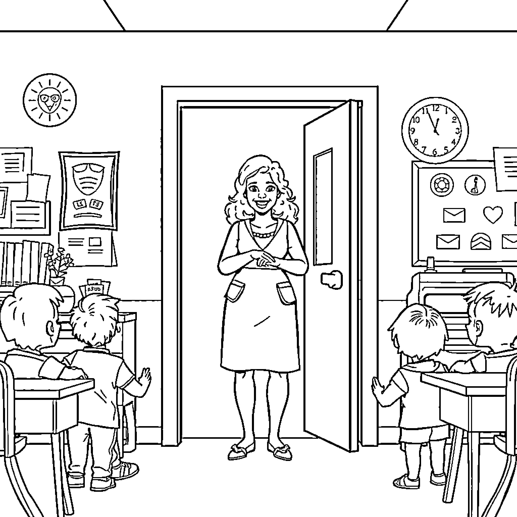 Teacher greeting students in the classroom Coloring Page (free black-and-white line drawing printable PDF for all, from beginners to advanced learners, including children, teens, adults, and seniors)