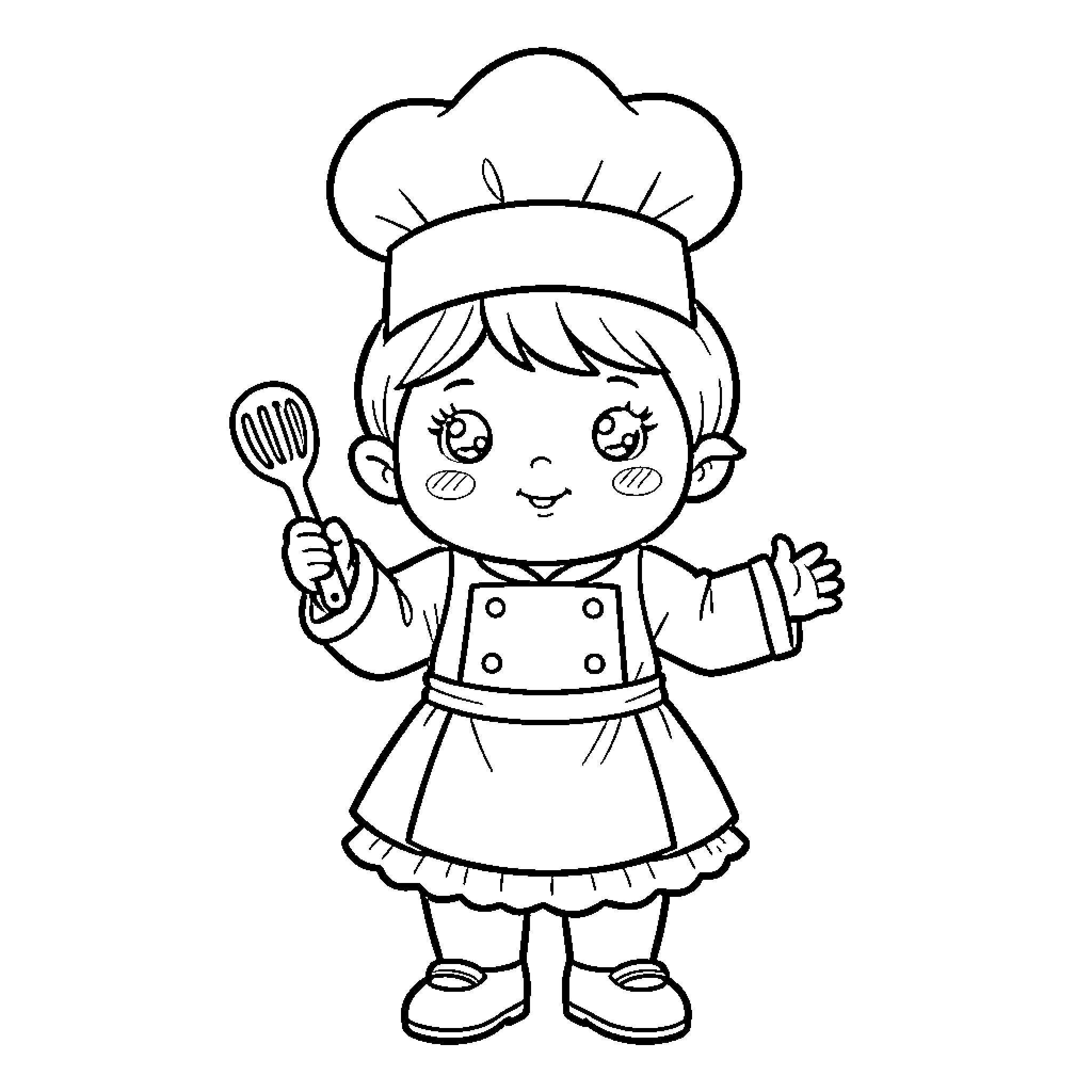 Kewpie dressed as a chef holding a spatula Coloring Page (free black-and-white line drawing printable PDF for all, from beginners to advanced learners, including children, teens, adults, and seniors)