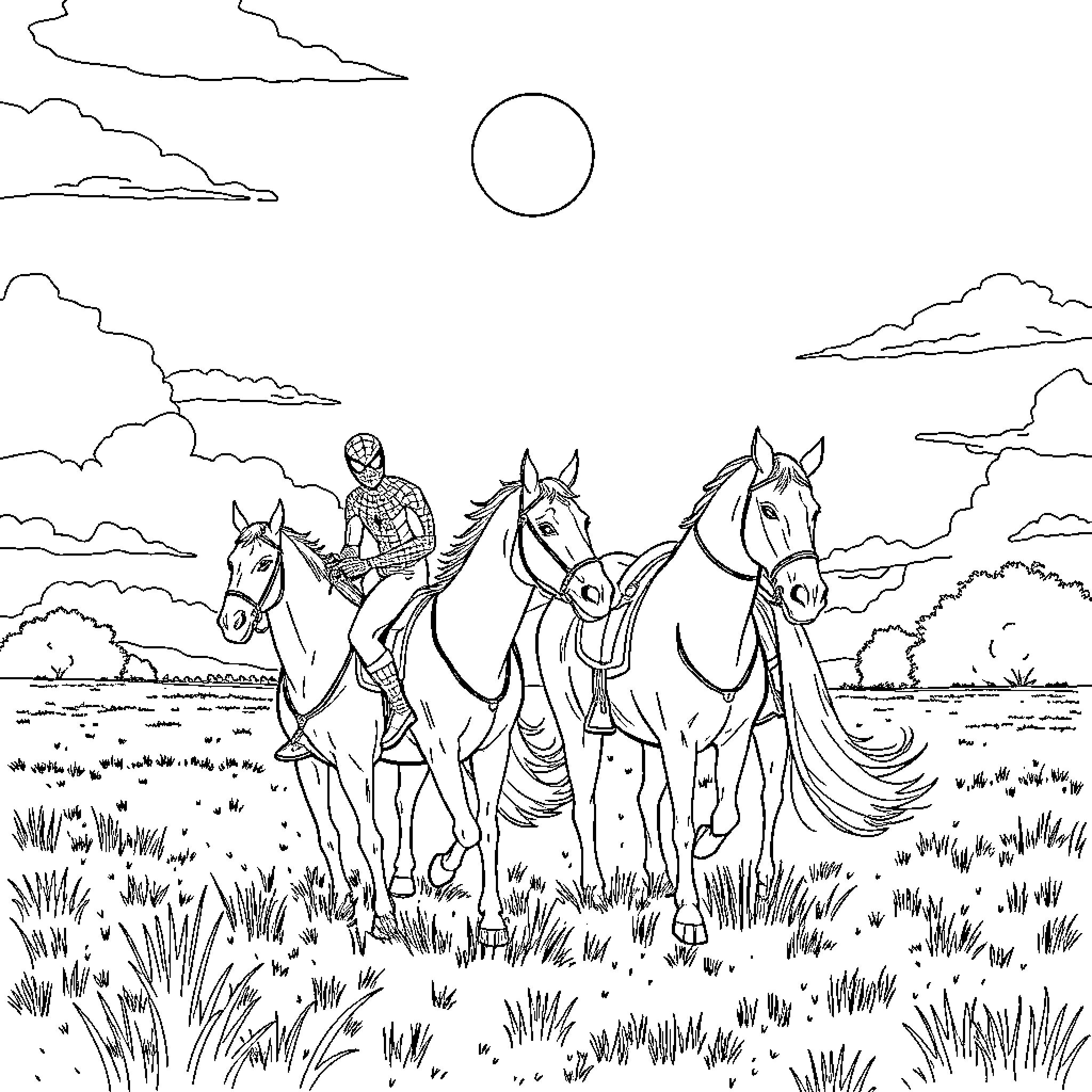 Superman riding horses in the countryside Coloring Page (free black-and-white line drawing printable PDF for all, from beginners to advanced learners, including children, teens, adults, and seniors)