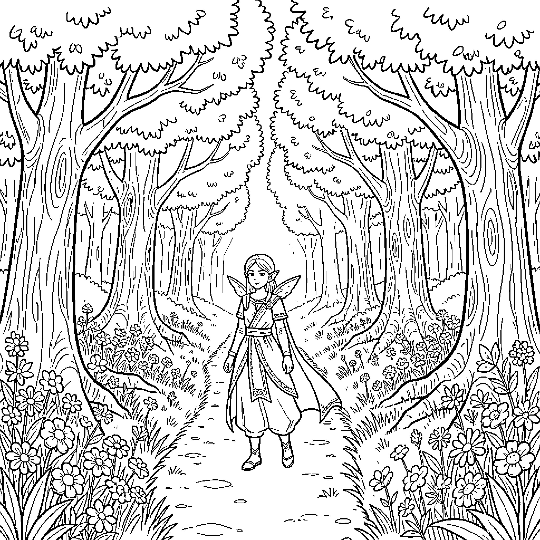 Elf exploring the enchanted forest Coloring Page (free black-and-white line drawing printable PDF for all, from beginners to advanced learners, including children, teens, adults, and seniors)