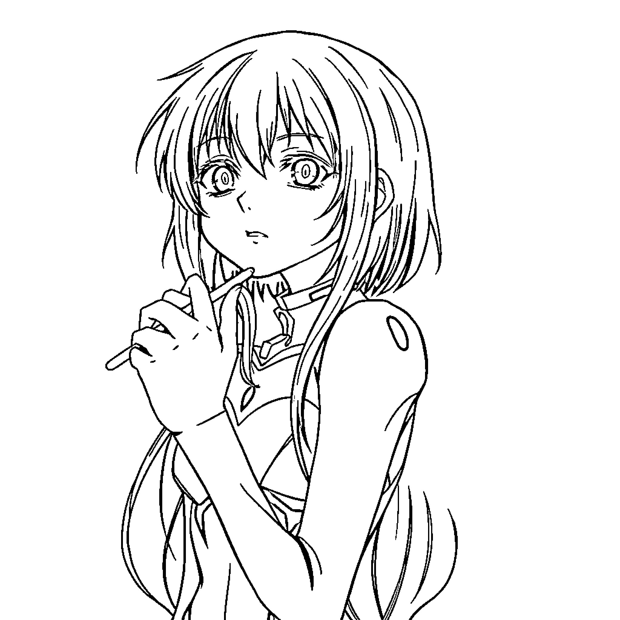 Noodle Anime Girl in Contemplative Pose Coloring Page (free black-and-white line drawing printable PDF for all, from beginners to advanced learners, including children, teens, adults, and seniors)