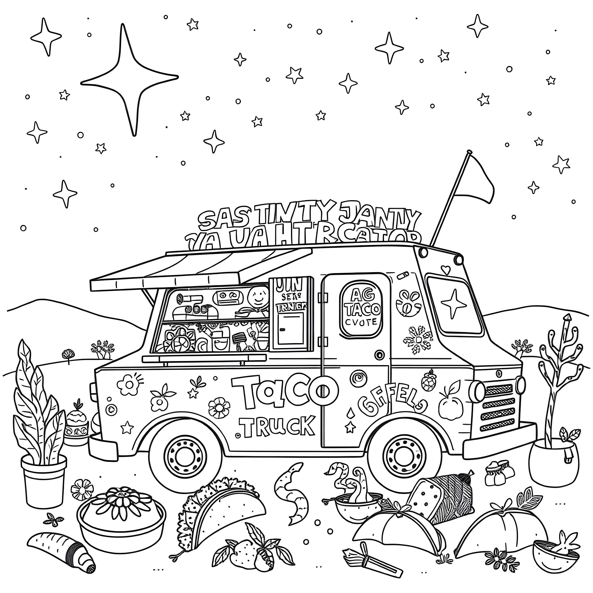 Taco Truck Serving Delicious Mexican Cuisine under Starry Sky Coloring Page (free black-and-white line drawing printable PDF for all, from beginners to advanced learners, including children, teens, adults, and seniors)
