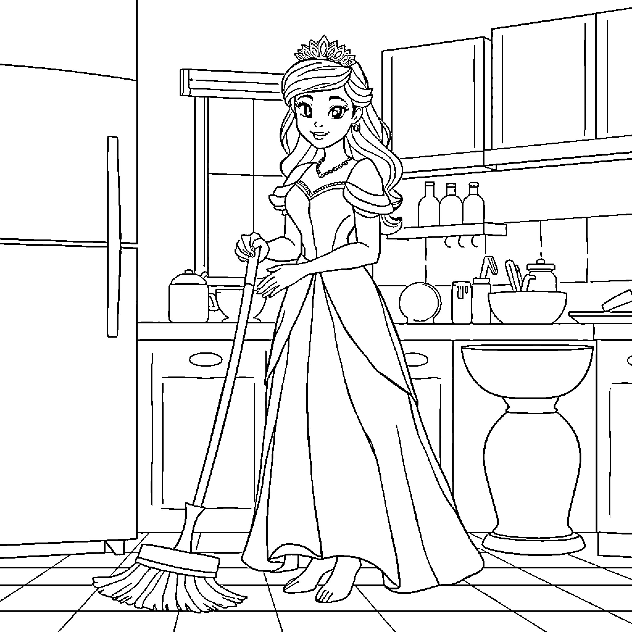 Princess Cleaning and Tidying the Kitchen Coloring Page (free black-and-white line drawing printable PDF for all, from beginners to advanced learners, including children, teens, adults, and seniors)