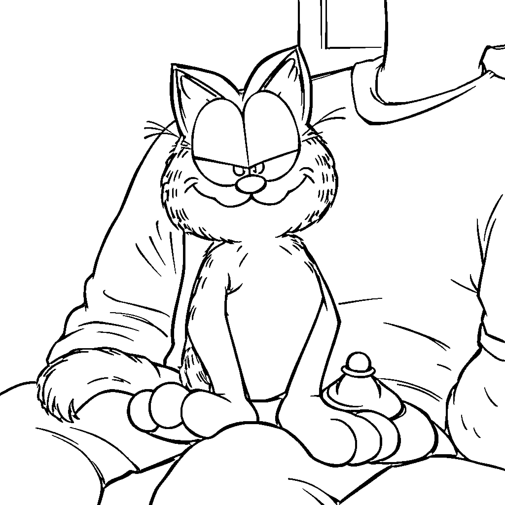 Garfield sitting content in nature Coloring Page (free black-and-white line drawing printable PDF for all, from beginners to advanced learners, including children, teens, adults, and seniors)