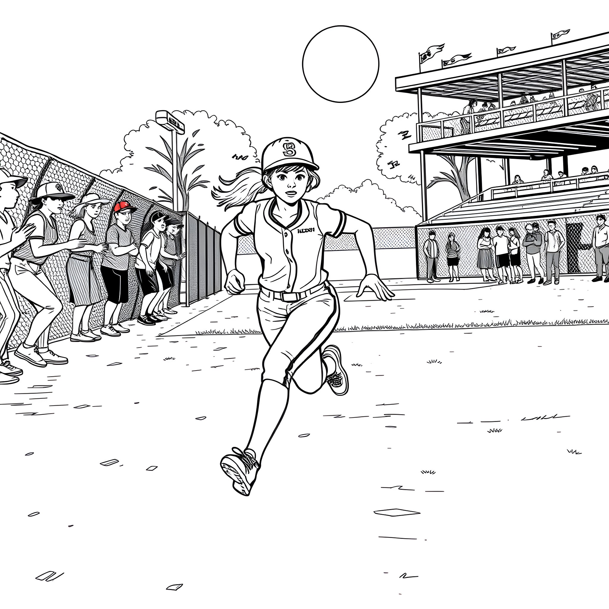 Softball Player Running on Field with Crowd Coloring Page (free black-and-white line drawing printable PDF for all, from beginners to advanced learners, including children, teens, adults, and seniors)