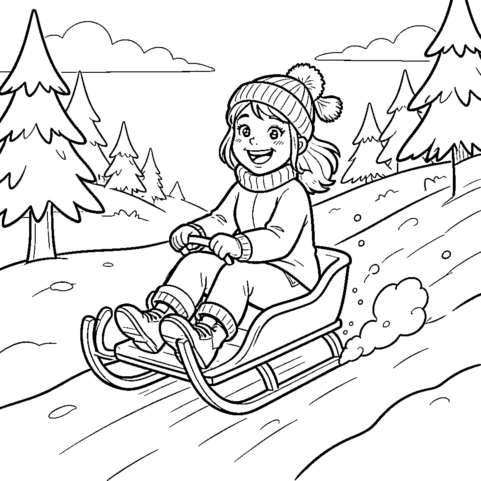 Suzie smiling joyfully while riding a sled down a hill Coloring Page (free black-and-white line drawing printable PDF for all, from beginners to advanced learners, including children, teens, adults, and seniors)