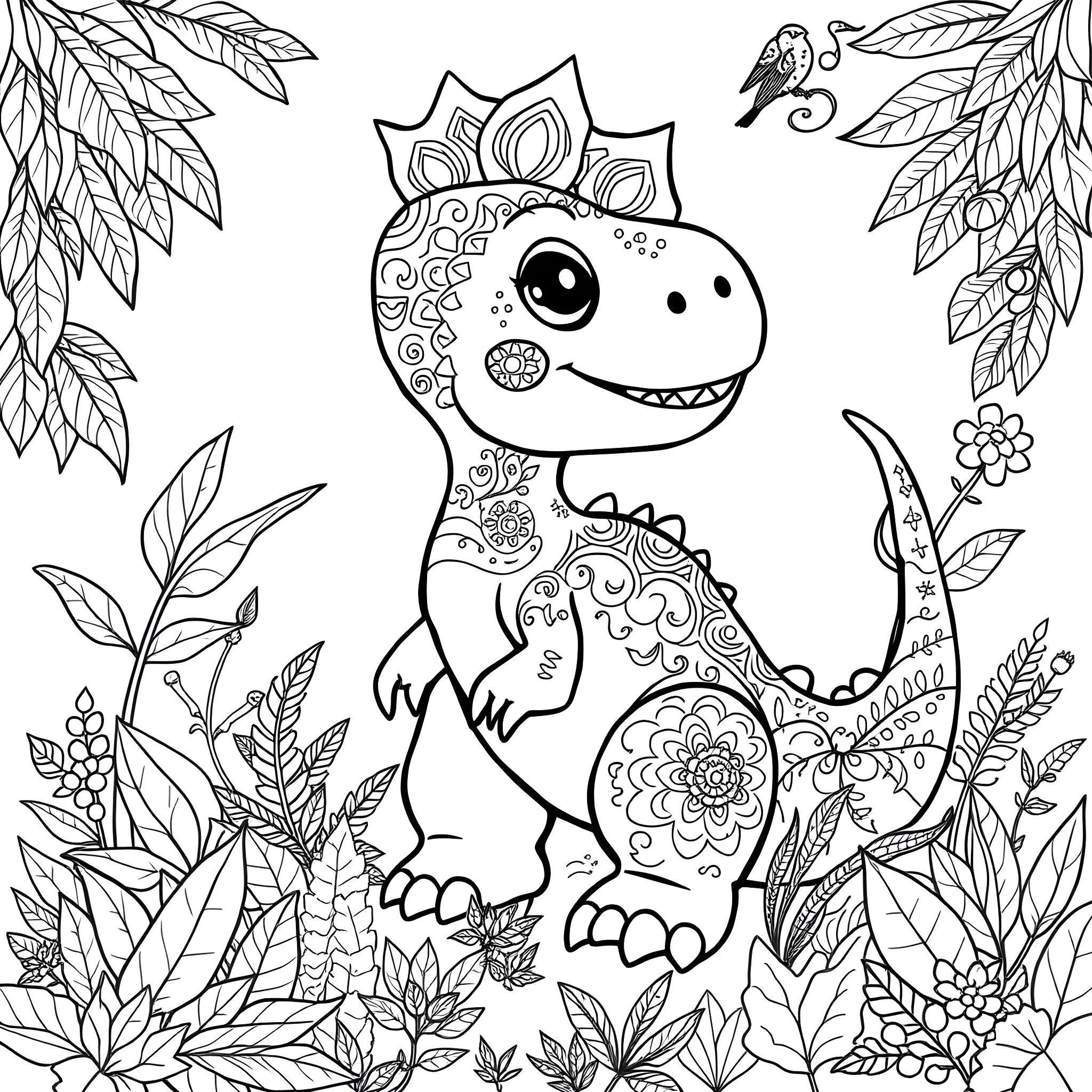 Dinosaur playing in the magical forest Coloring Page (free black-and-white line drawing printable PDF for all, from beginners to advanced learners, including children, teens, adults, and seniors)