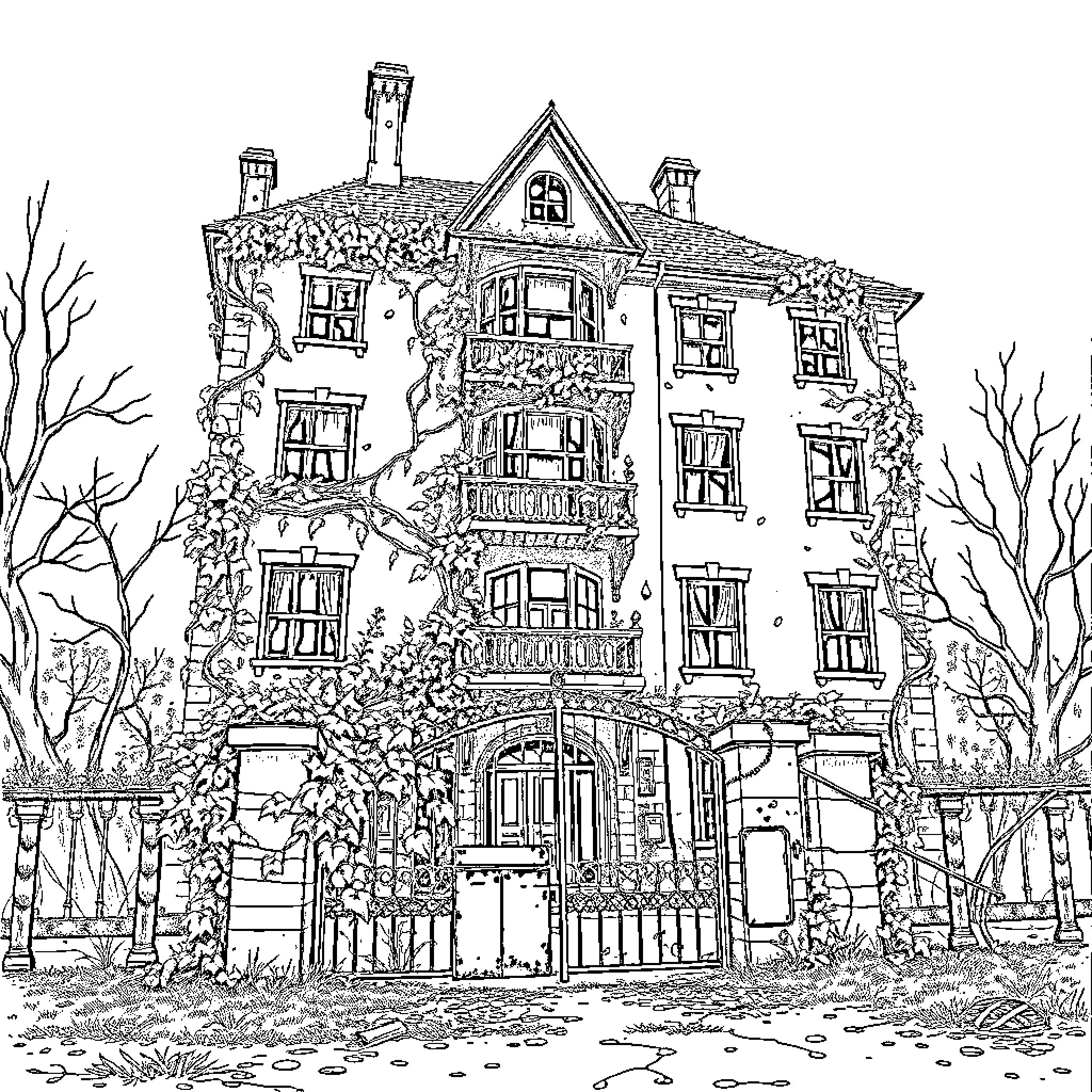 Mansion with elaborate architectural details Coloring Page (free black-and-white line drawing printable PDF for all, from beginners to advanced learners, including children, teens, adults, and seniors)