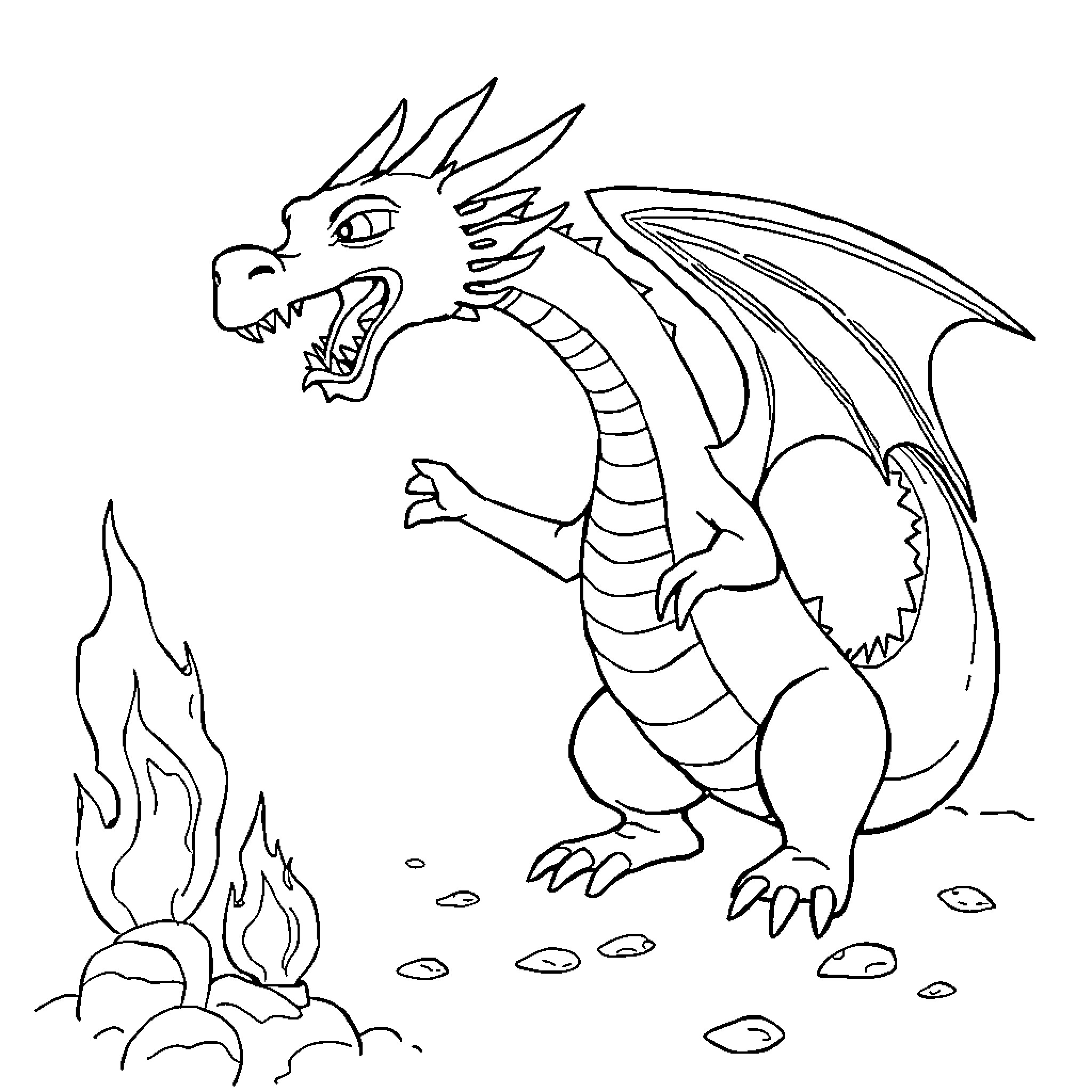 Dragon threatening with fire and claws Coloring Page (free black-and-white line drawing printable PDF for all, from beginners to advanced learners, including children, teens, adults, and seniors)
