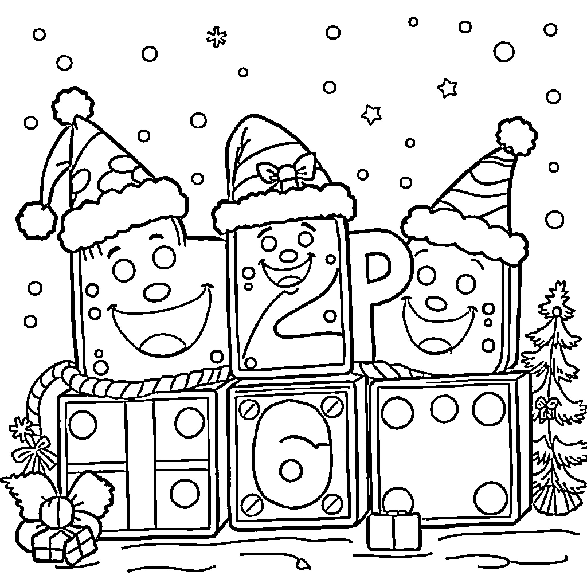 Number Blocks Celebrating with Hats and Gifts Coloring Page (free black-and-white line drawing printable PDF for all, from beginners to advanced learners, including children, teens, adults, and seniors)