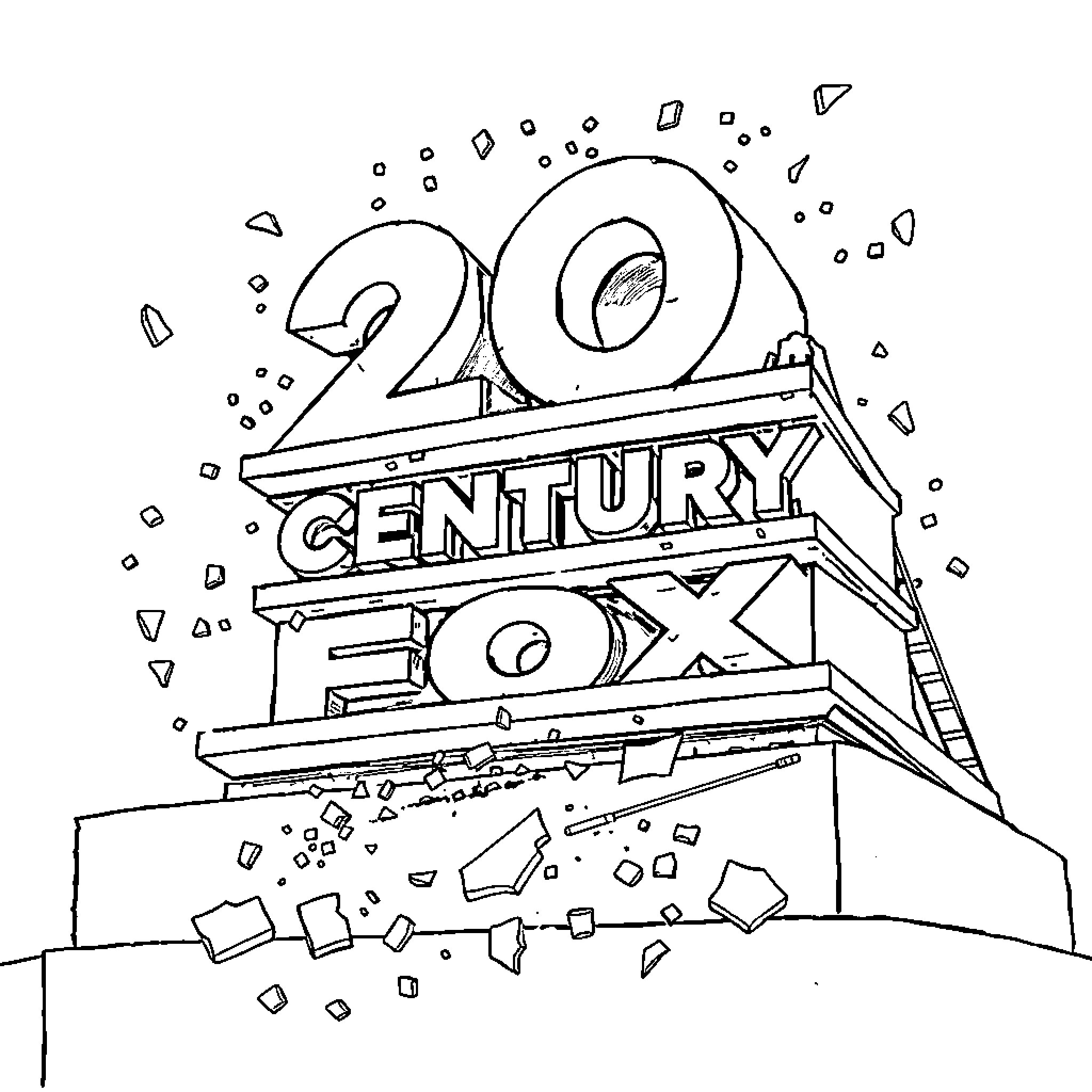 20th Century Fox Logo with Celebratory Shapes Coloring Page (free black-and-white line drawing printable PDF for all, from beginners to advanced learners, including children, teens, adults, and seniors)