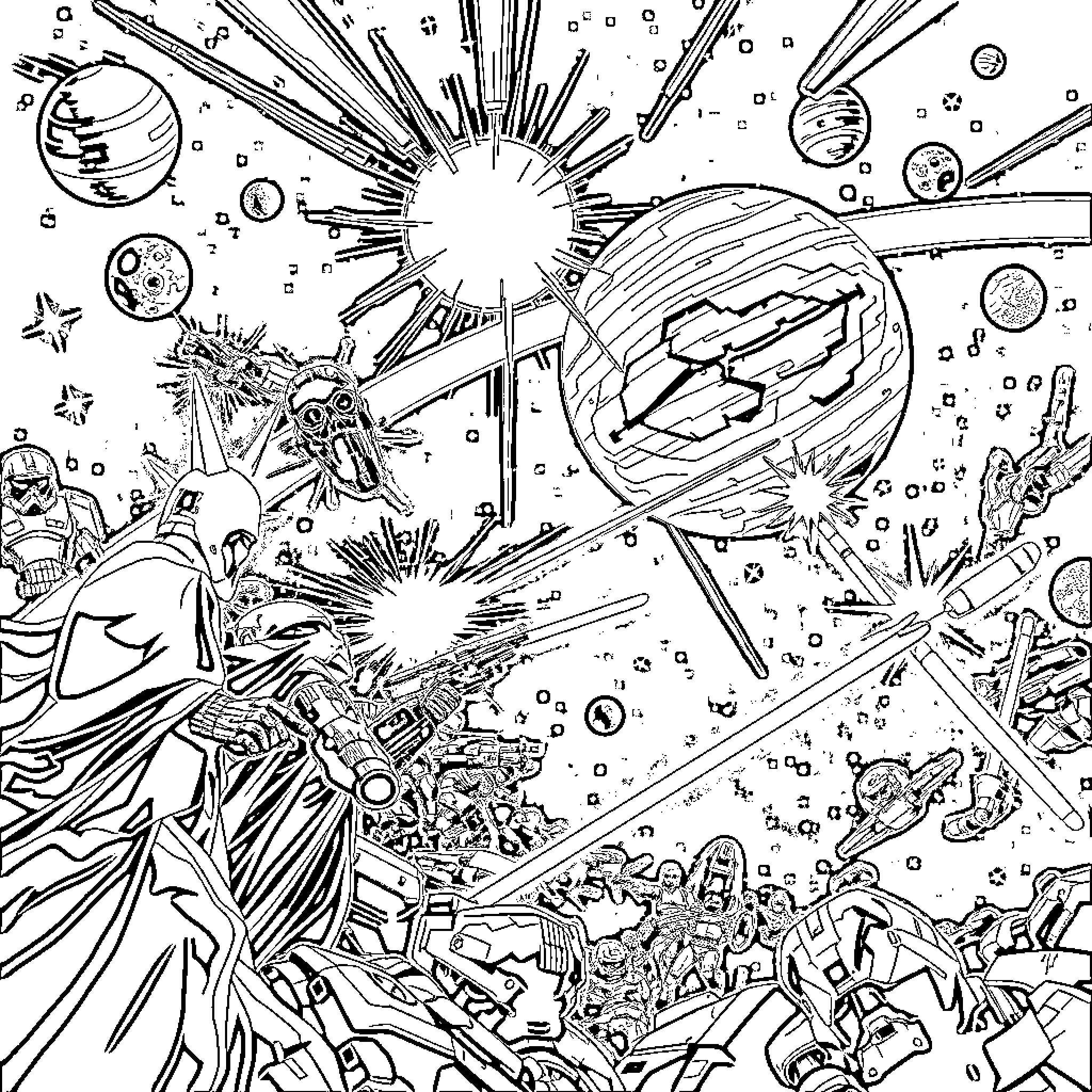 Reaper's Cosmic Conquest: A Surreal Sci-Fi Showdown Coloring Page (free black-and-white line drawing printable PDF for all, from beginners to advanced learners, including children, teens, adults, and seniors)