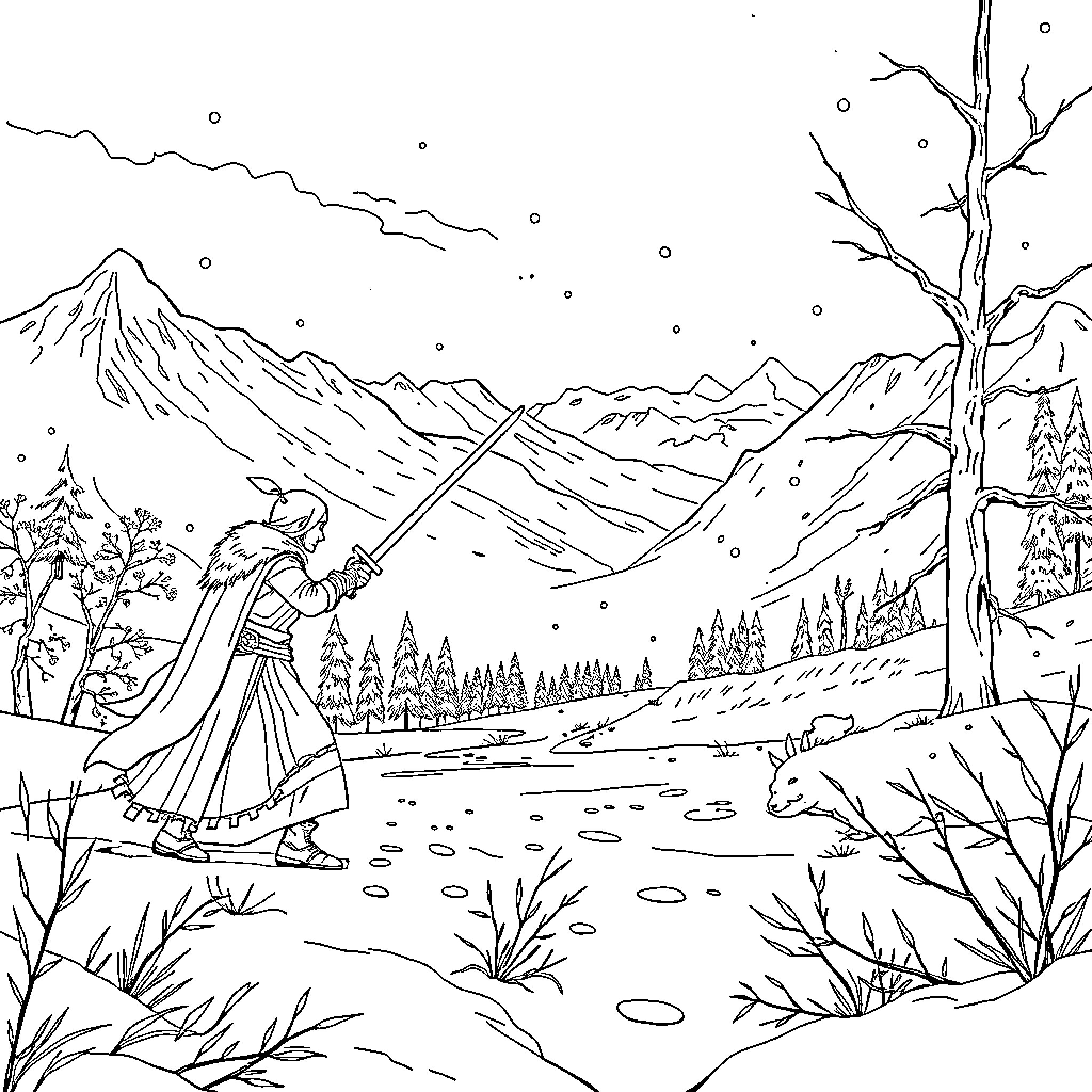 Solo Leveling: Solitary Traveler in Snowy Landscape Coloring Page (free black-and-white line drawing printable PDF for all, from beginners to advanced learners, including children, teens, adults, and seniors)