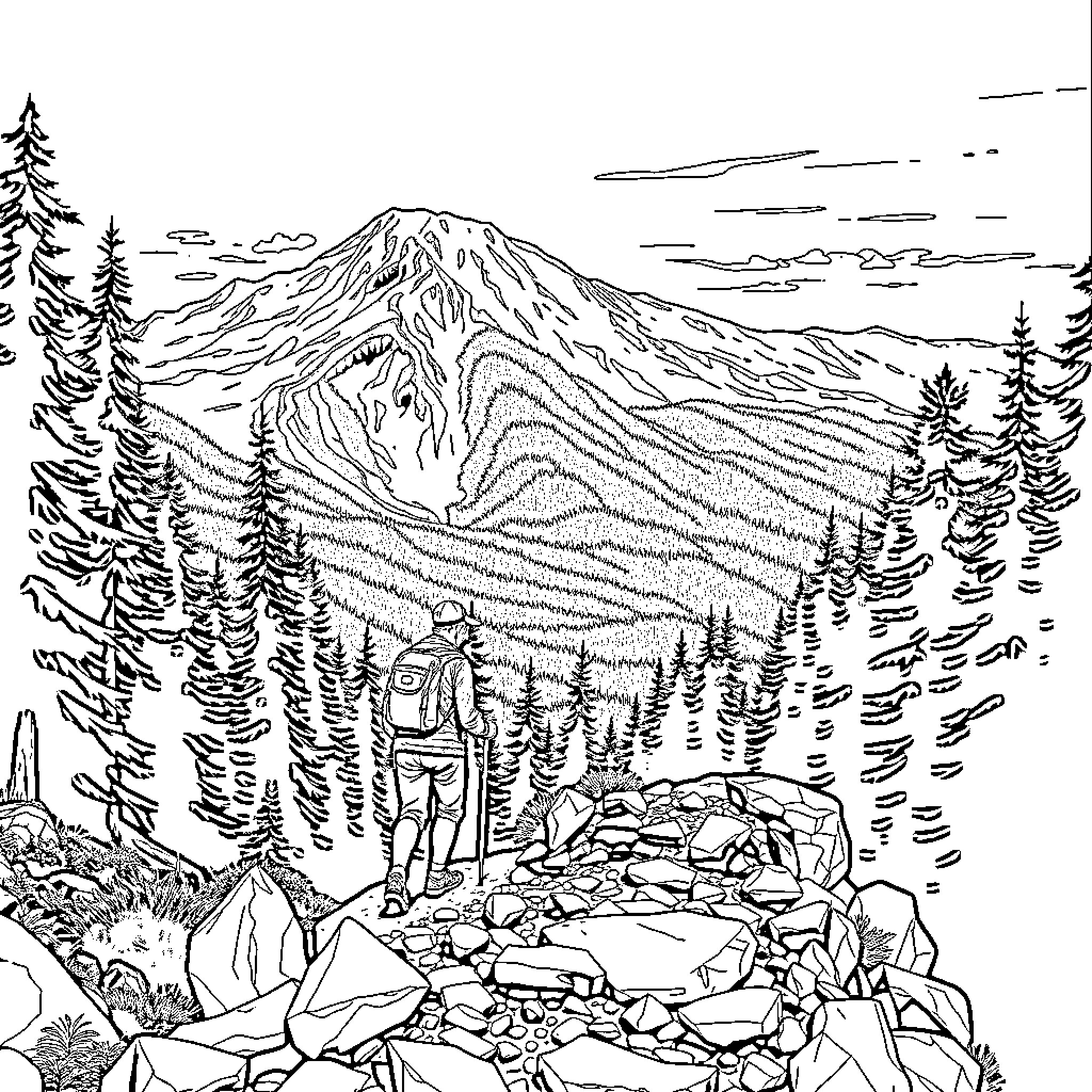 Hiking in the rugged mountain landscape Coloring Page (free black-and-white line drawing printable PDF for all, from beginners to advanced learners, including children, teens, adults, and seniors)
