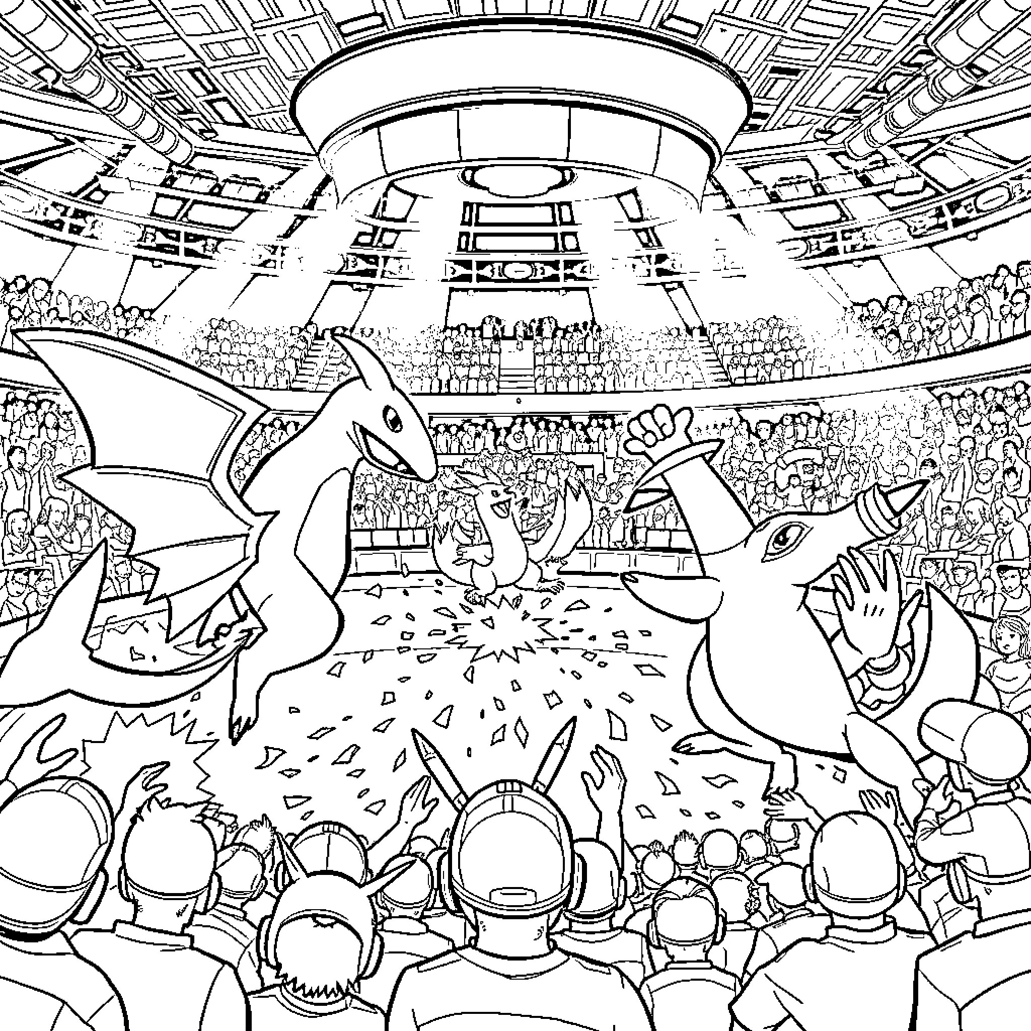 Pokémon Battling in Crowded Arena Coloring Page (free black-and-white line drawing printable PDF for all, from beginners to advanced learners, including children, teens, adults, and seniors)