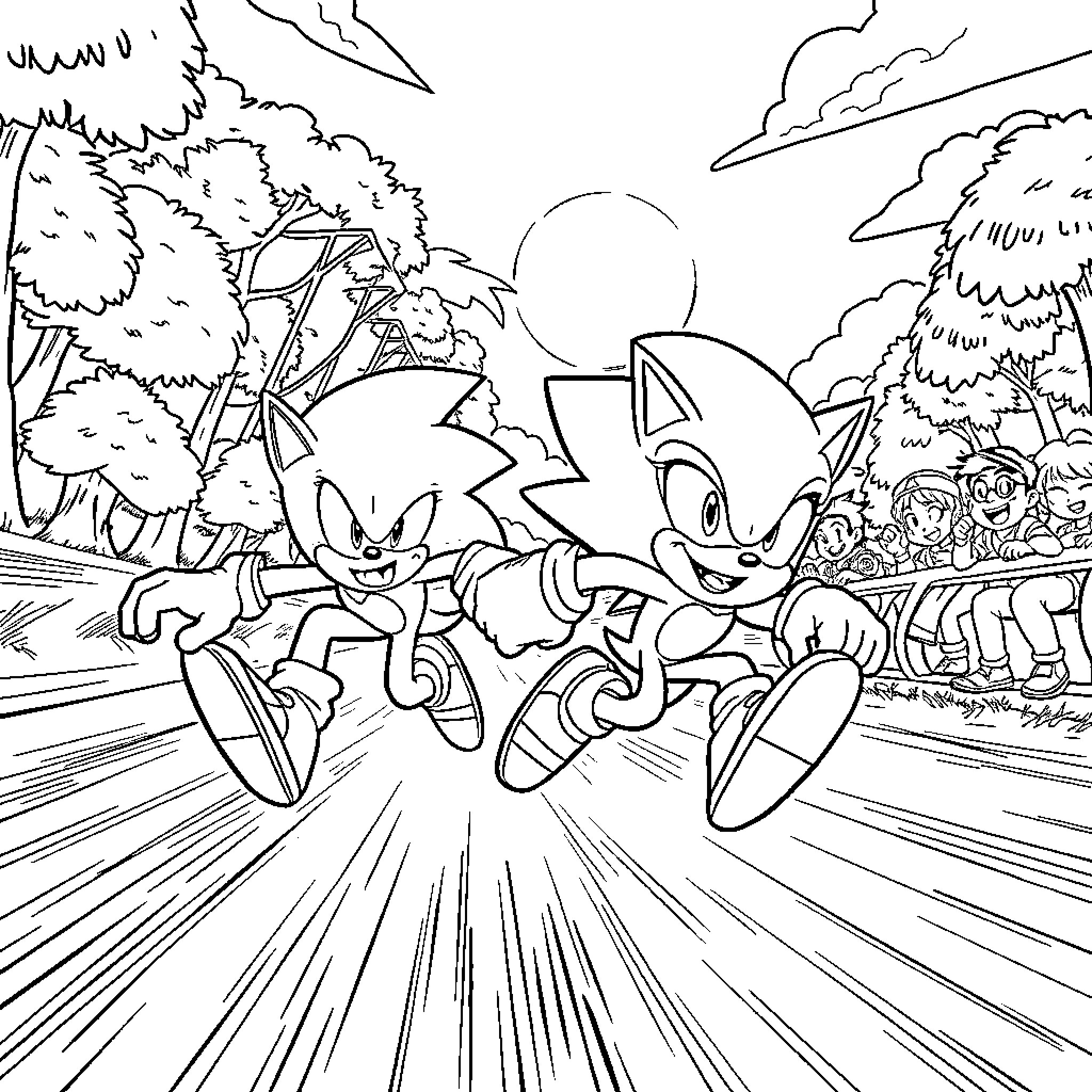 Flash Racing Sonic and Friends Through Forest Coloring Page (free black-and-white line drawing printable PDF for all, from beginners to advanced learners, including children, teens, adults, and seniors)